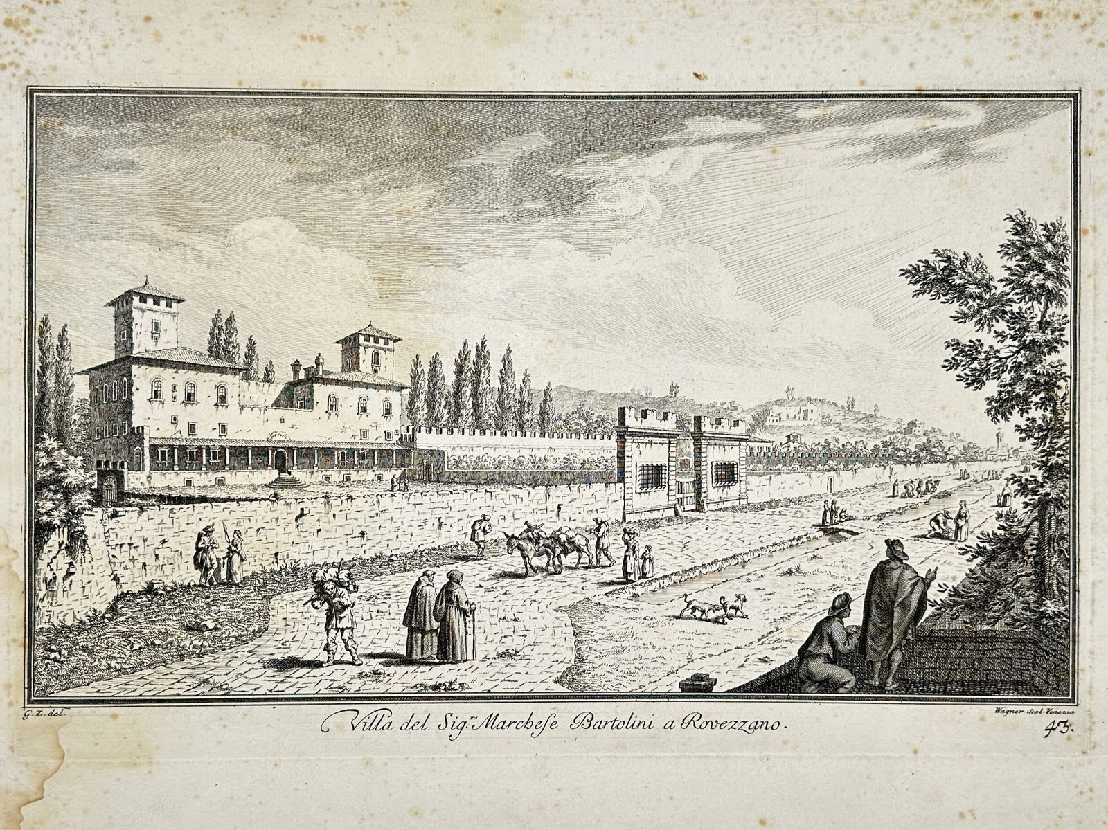 Giuseppe Zocchi (1711–1767) – View of the Villa of Marquis Bartolini at Rovezzano – Etching: "Villa del Sig. Marchese Bartolini a Rovezzano." This etching presents a scenic architectural view of the Villa Bartolini, situated along the banks of the Arno river east of Florence. The composition