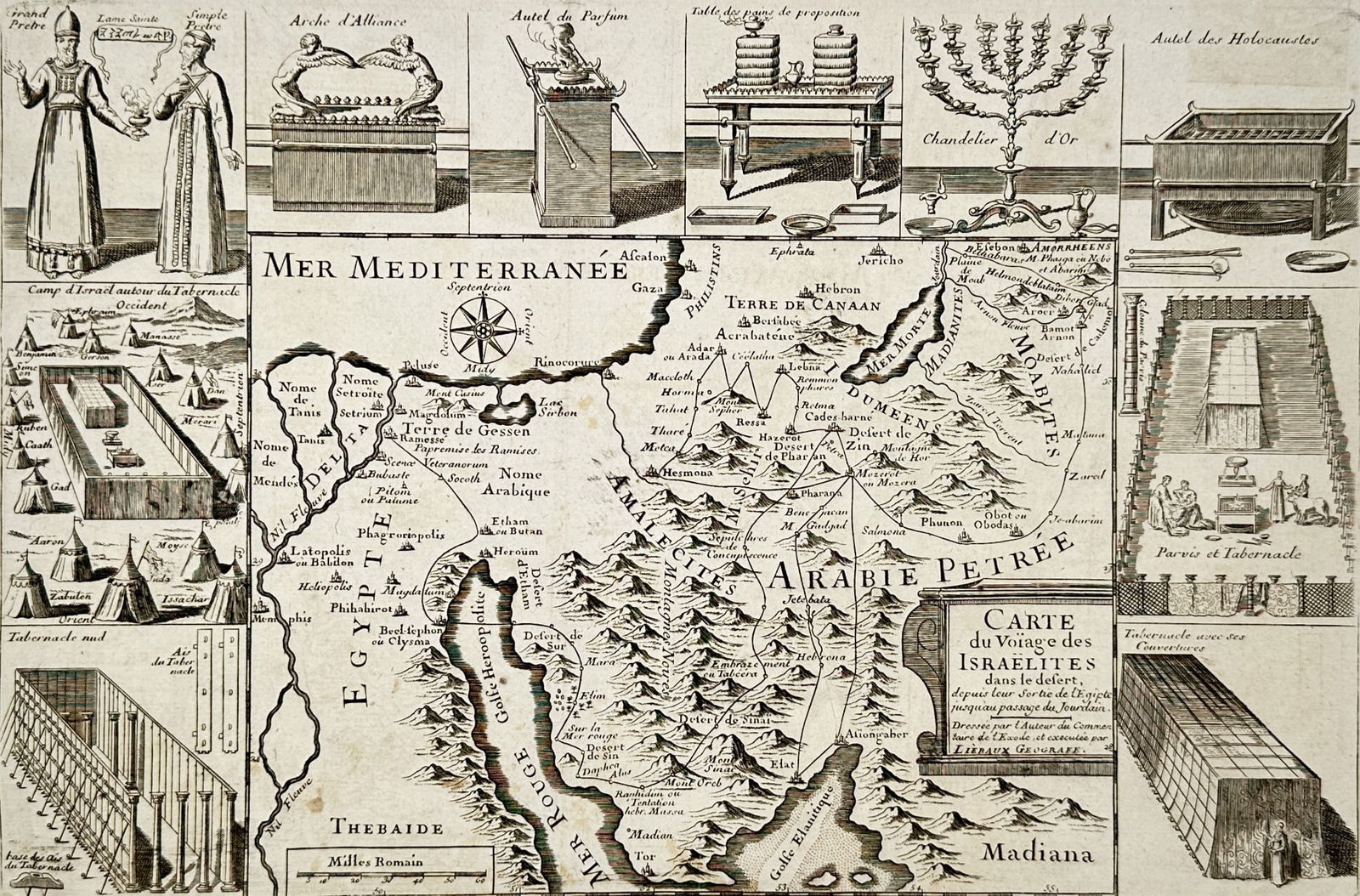 Jean-Baptiste Liébaux – Map of the Journey of the Israelites in the Desert – Engraving (1774): "Carte du Voyage des Israelites dans le Desert." This engraving presents a geographical and theological study of the Exodus, documenting the route of the Israelites from Egypt through the Sinai Penins