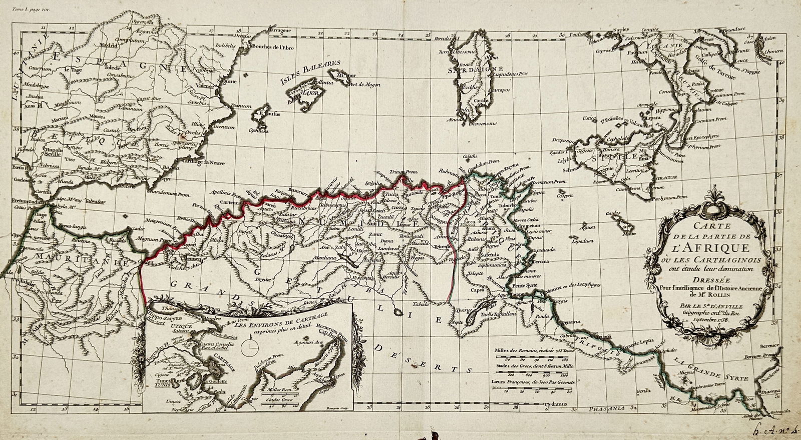 Jean-Baptiste Bourguignon d'Anville – Map of the Carthaginian Territories in Africa – Engraving: "Carte de la partie de l'Afrique ou les Carthaginois ont étendu leur domination." This engraving presents a detailed cartographic survey of North Africa, focusing on the historical territories contro