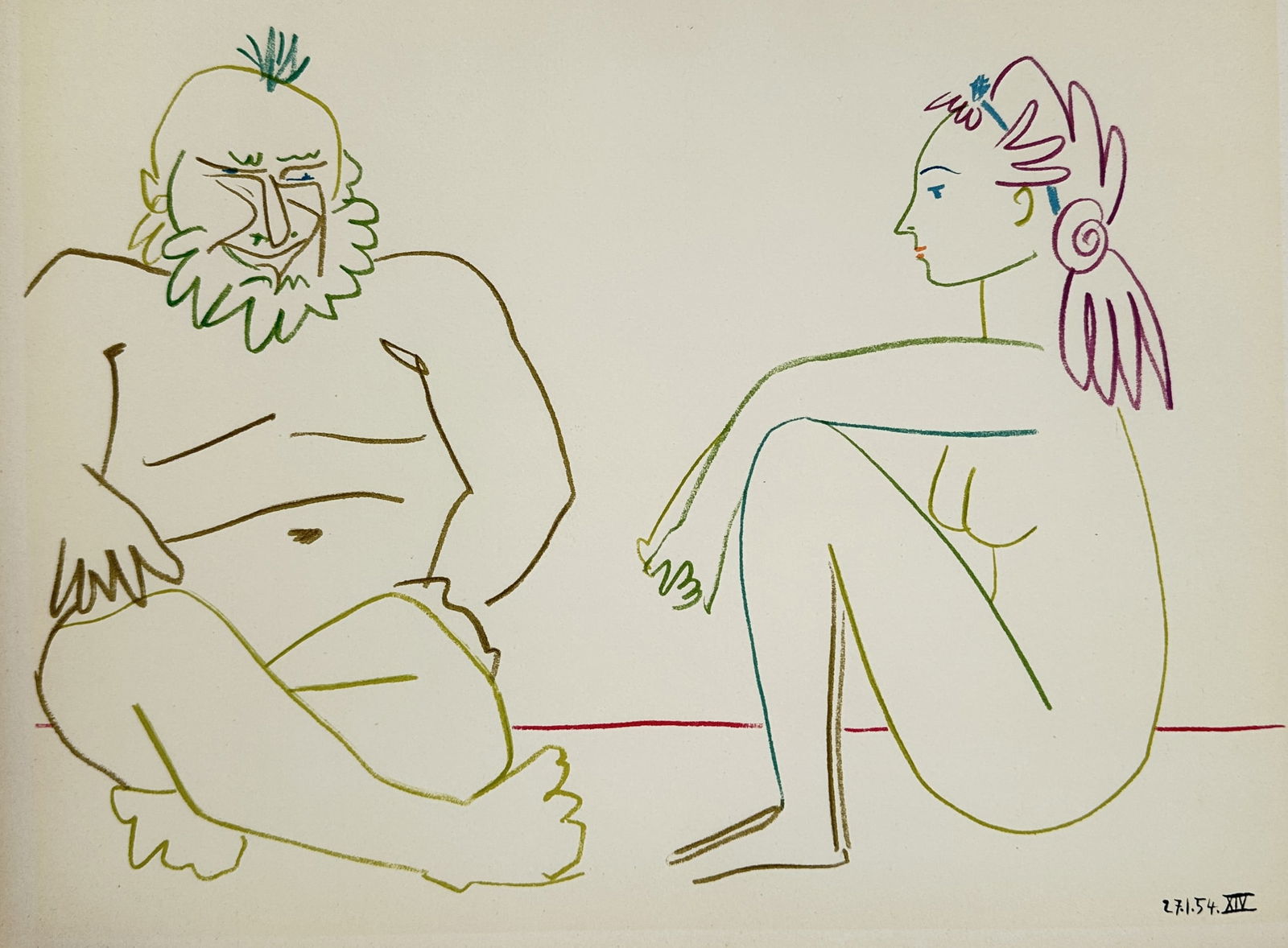 Pablo Picasso (1881–1973), after – Seated Figures – Offset print (20th Century): "Verve 29-30." This offset print depicts two seated figures in a minimalist interior setting, rendered with fluid, continuous line work. The composition features a bearded male figure on the left and