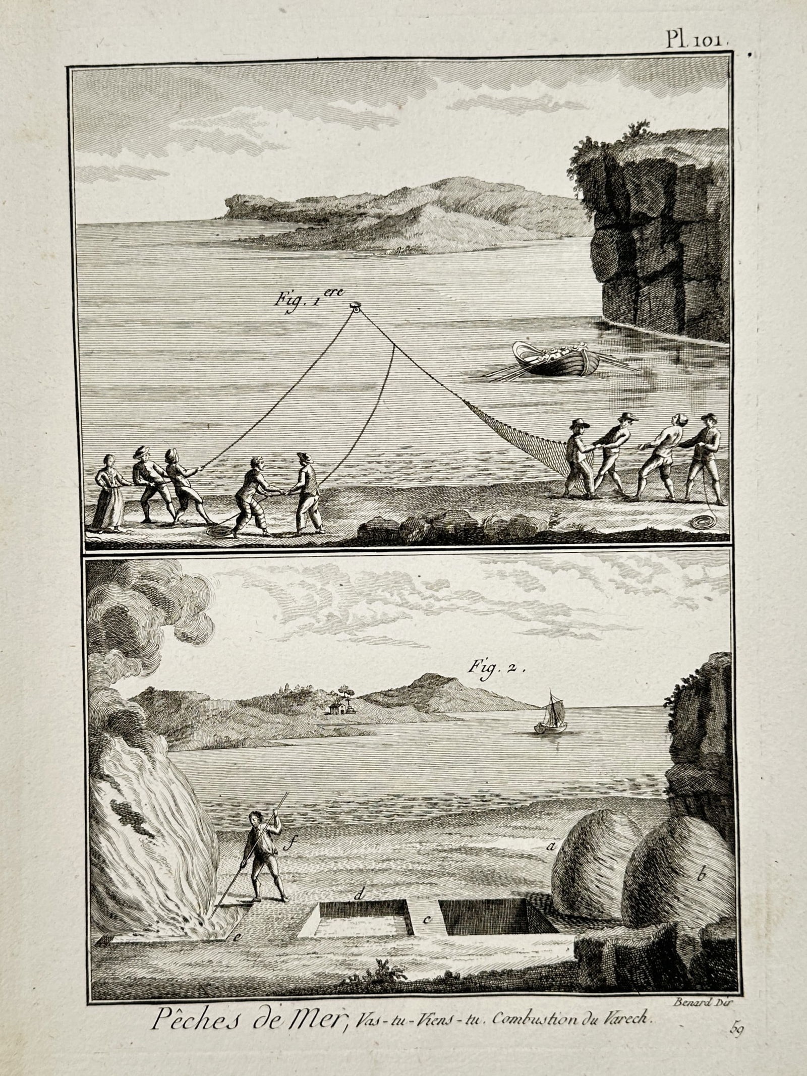 Robert Bénard (1734–1777) – Marine Fishing and Varech Combustion – Engraving (1771): "Pêches de Mer, Vas-tu-Viens-tu. Combustion du Varech." This engraving features two horizontal registers illustrating traditional maritime harvesting and processing techniques along the French coastl