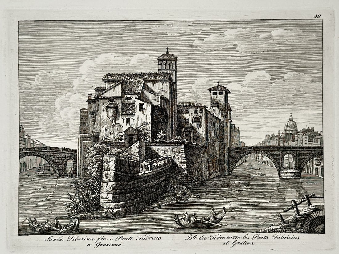 Pietro Parboni (1783–1841) – View of Tiber Island – Rome – Etching (18th Century) (1 of 2)