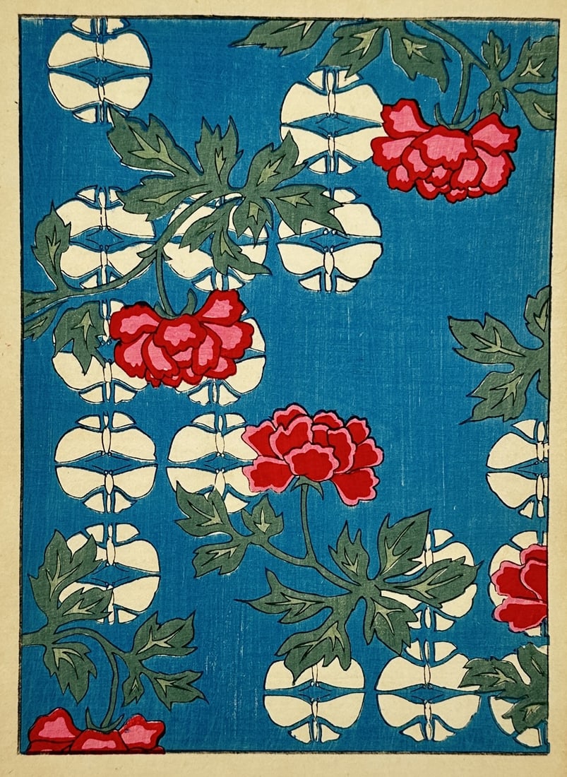 Japanese School – Floral Textile Pattern with Peonies – Woodcut (20th Century): This woodcut features a vibrant decorative textile pattern set against a deep blue background. The composition is dominated by large red peonies with green leaves, interspersed with stylized white cir