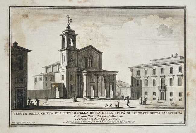 Giuseppe Vasi – View of the Church of Saint Peter in Palestrina, Map of Palestri: This topographical engraving captures a view of the Church of Saint Peter in the city of Palestrina, Italy. The composition features the church's baroque architecture, including its prominent facade a