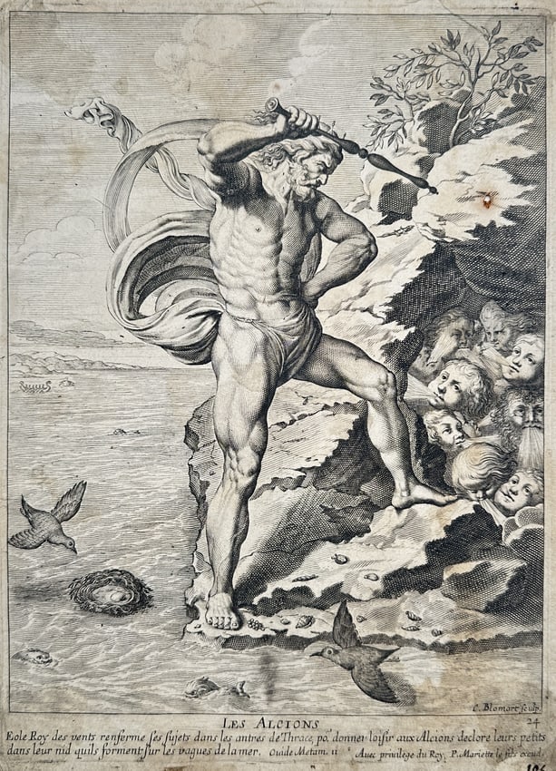 Cornelis Bloemaert II (1603–1692) – The Halcyons (Les Alcyons) – Engraving: This engraving illustrates the classical Greek myth of the Halcyons, referring to the tragic story of Ceyx and Alcyone, as recounted in Ovid’s Metamorphoses. The composition is centered on a powerfu
