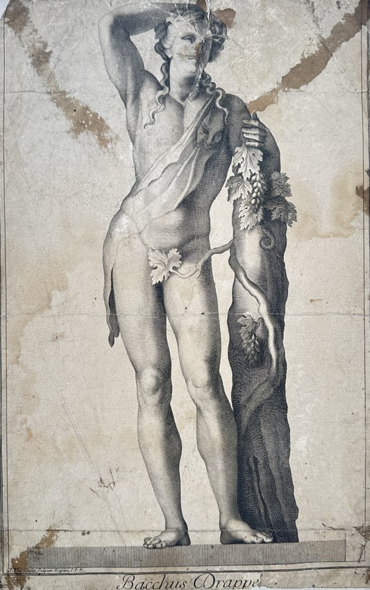 Hendrick Goltzius (1558–1617) – Statue of Bacchus Drappe – Engraving (c. 1590): This detailed engraving depicts a marble statue of the Roman god Bacchus (Dionysus), shown standing in a contrapposto pose. The god is nude, wearing a crown of grape leaves and holding a piece of drap