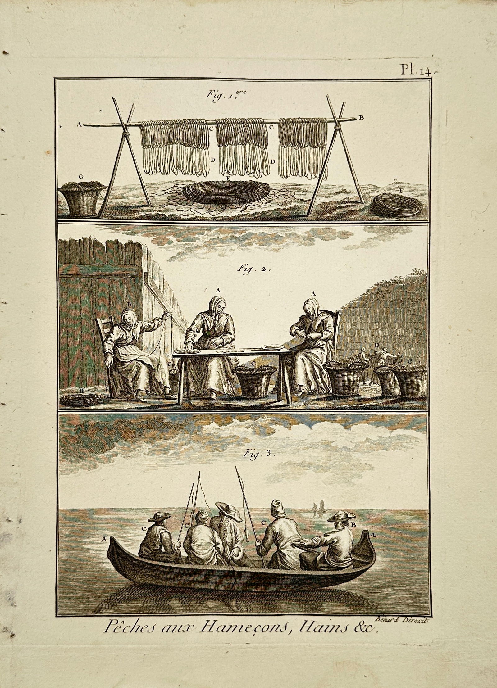 Robert Bénard – Technical Study of Fishing Methods – Engraving (1771): "Pêches aux Hameçons, Hains &c." This hand-coloured engraving illustrates various techniques and equipment used in eighteenth-century hook-and-line fishing. The composition is divided into three reg