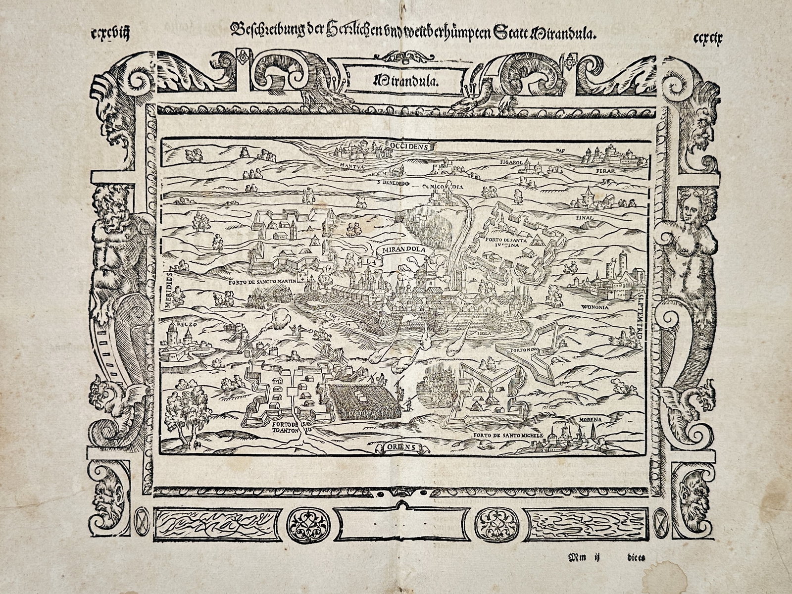 Sebastian Munster (1488–1552) – Panoramic view of Mirandola – Woodcut (1550) (1 of 2)