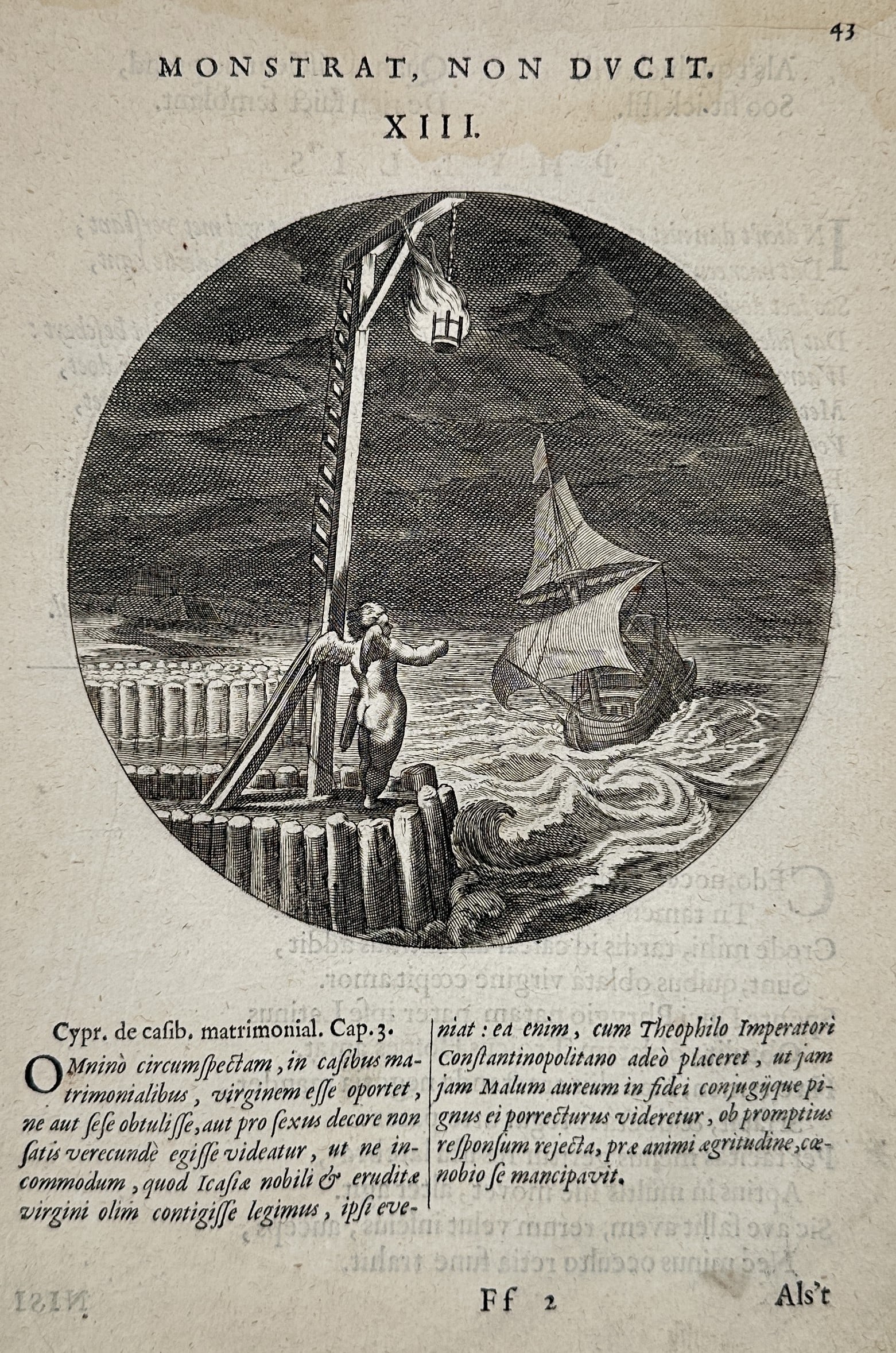Jacob Cats (1577-1660) – Emblem of the beacon and the sailing ship – Engraving (1658) (1 of 2)