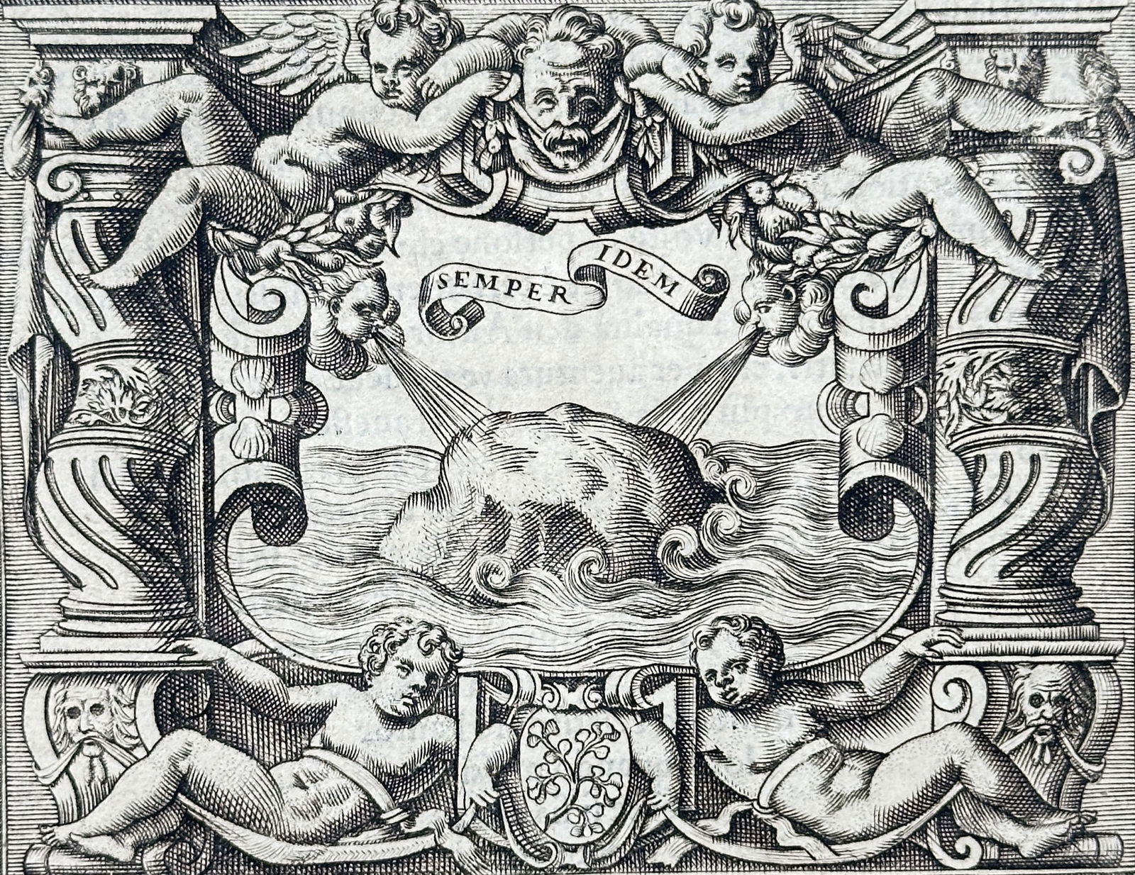 Girolamo Ruscelli (1504-1566) – Semper Idem – Woodcut (1584): "Semper Idem" This print depicts an emblem featuring a rocky island standing firm amidst a turbulent sea, symbolizing resilience and steadfastness. Above the central image, a ribbon bears the Latin mo