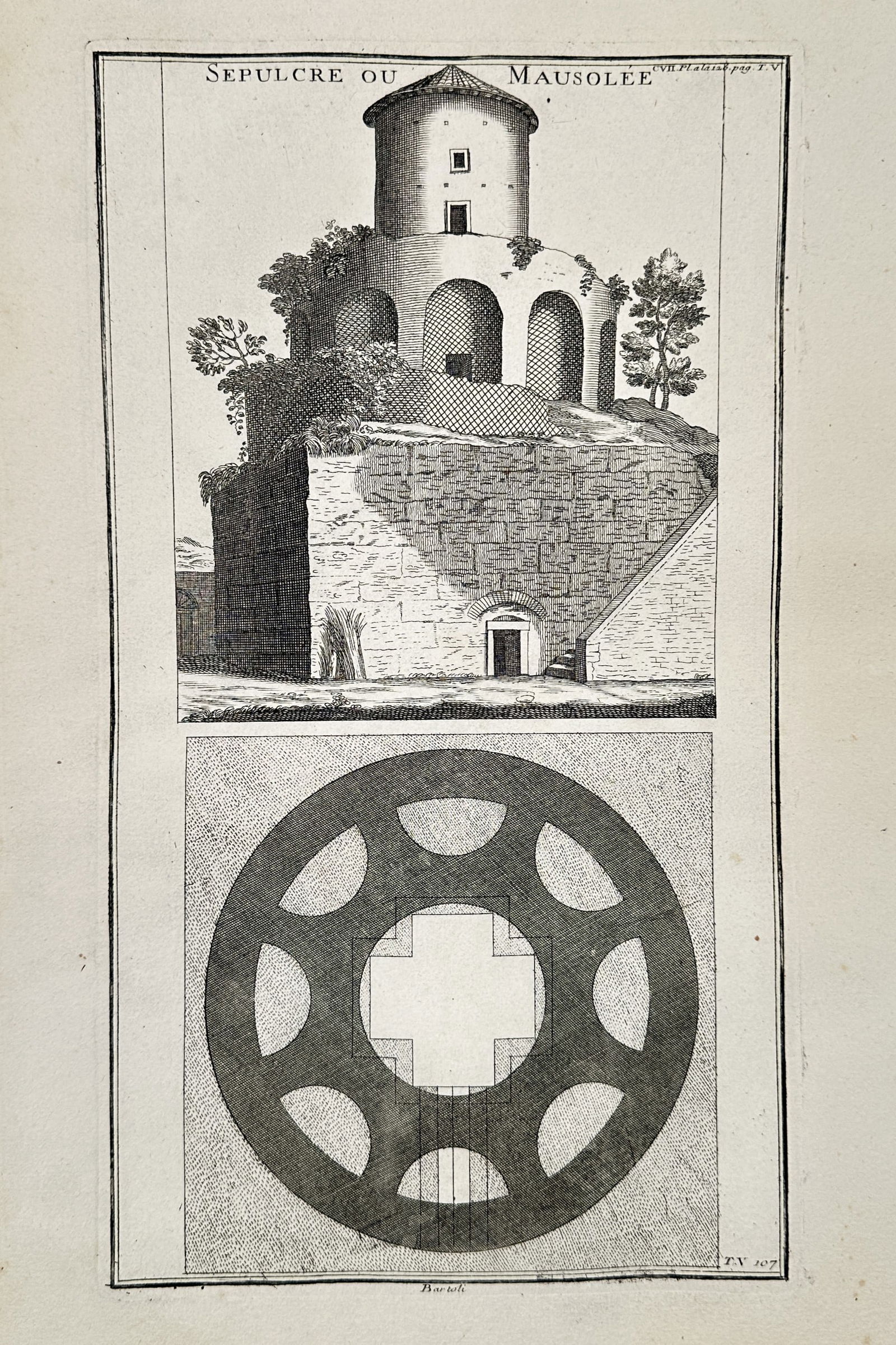 Bernard de Montfaucon (1655-1741) – View and plan of an ancient mausoleum: "Sepulcre ou Mausolee." This engraving presents two architectural perspectives of an ancient Roman funerary structure. The left side provides a detailed exterior view showing a circular tower integrat