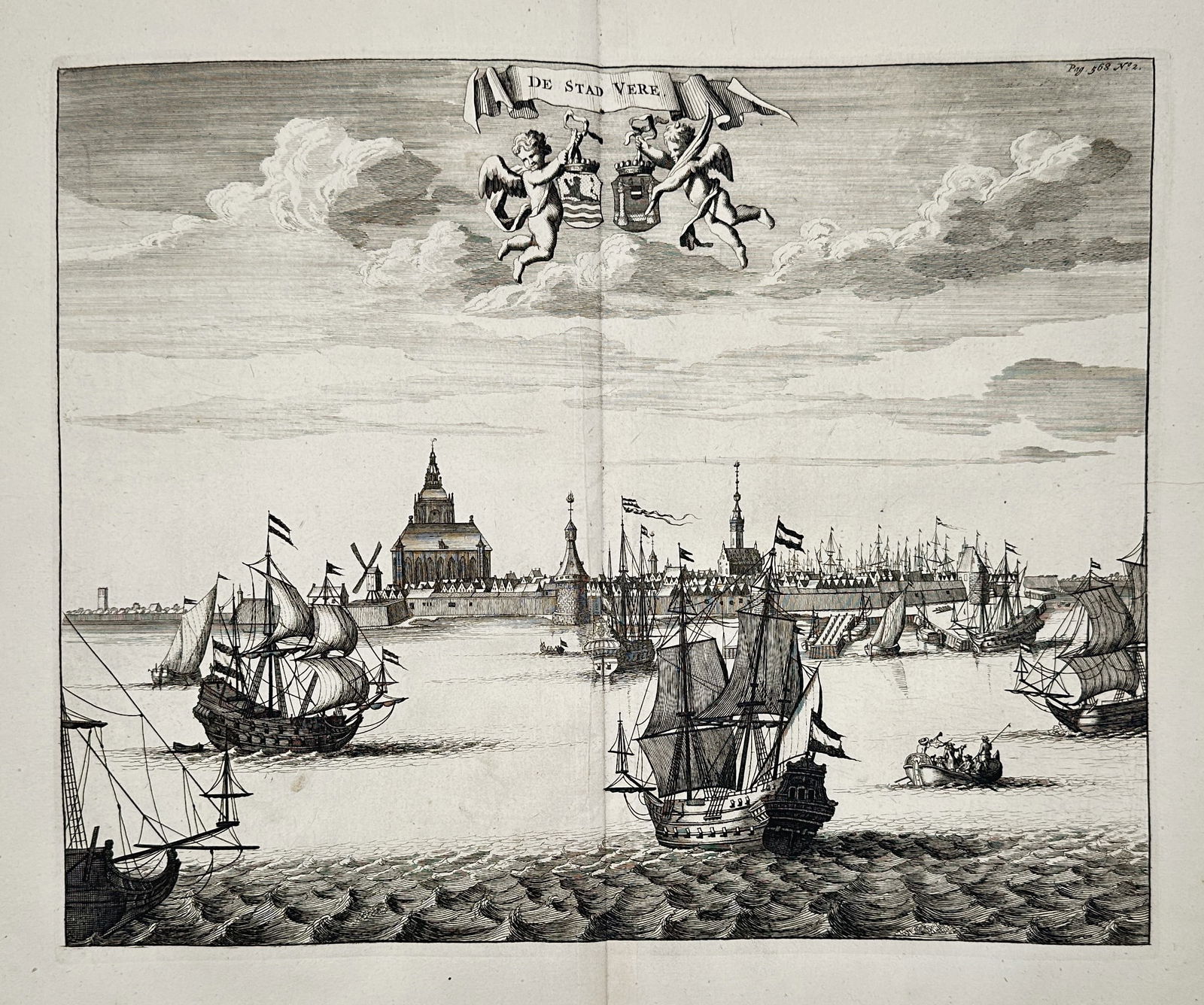 Mattheus Smallegange (1624–1710) – Panoramic view of the city of Veere – Engraving: De Stad Vere. This engraving presents a detailed panoramic view of the city of Veere from the water. The composition shows the city skyline dominated by the massive Grote Kerk and other prominent civi