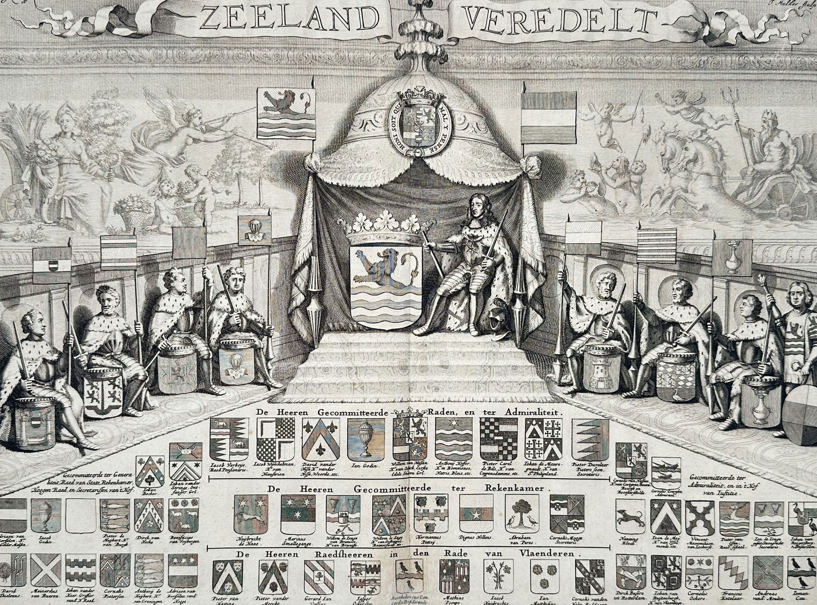 Mattheus Smallegange (1624-1710) – Zeeland Refined – Engraving (1696): Zeeland Veredelt. This engraving features an elaborate allegorical and heraldic assembly centered on a seated monarch under a canopy, surrounded by figures representing various administrative and mili