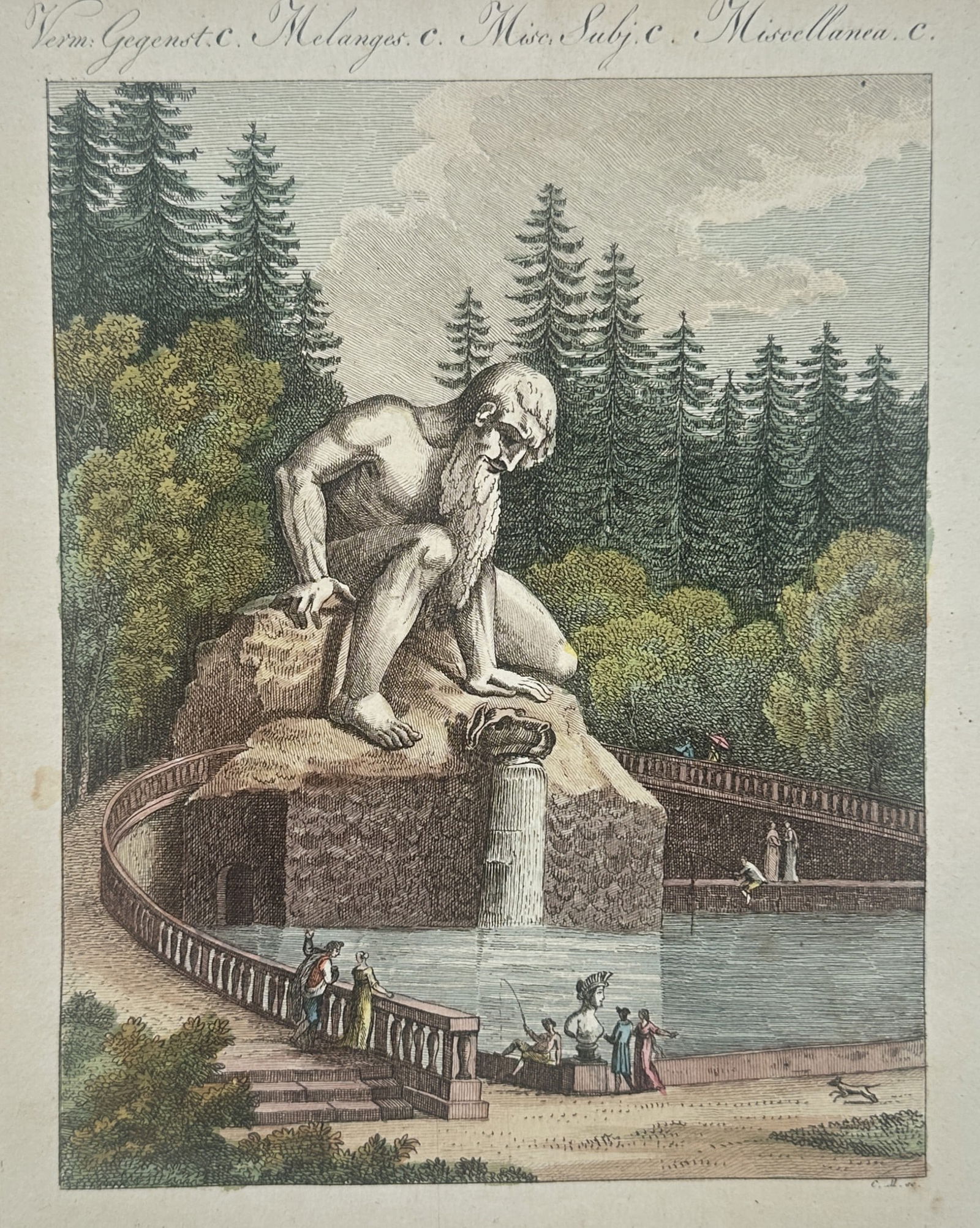 Friedrich Justin Bertuch (1747–1822) – View of the Colossal Statue of Hercules at Kassel: "View of the Colossal Statue of Hercules at Kassel" depicts the monumental stone sculpture of the Greek hero situated within the Bergpark Wilhelmshöhe. The composition features the muscular figure of