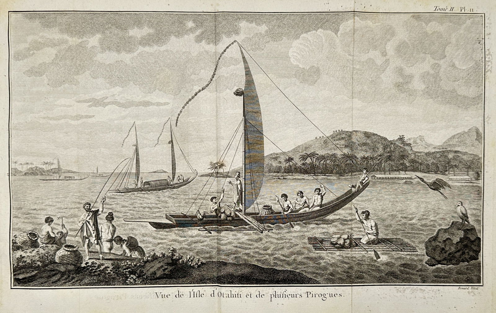 Captain James Cook – View of the Island of Tahiti and several Canoes – Society Islands: "Vue de l’Isle d’Otahiti et de plusieurs Pirogues." This engraving depicts several traditional Tahitian outrigger canoes, or pirogues, navigating the waters near the coast of Tahiti. The central v