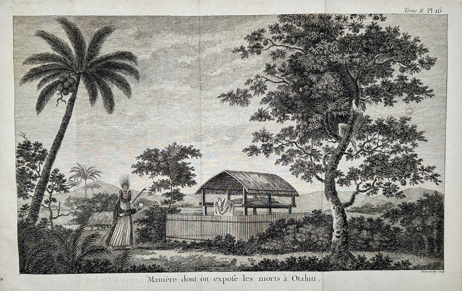 Captain James Cook – Manner of Exposing the Dead in Tahiti – Society Islands – engraving: "Maniere dont on expose les morts a Otahiti." This engraving illustrates a traditional Tahitian burial platform, or tupapau, where the body of the deceased is placed under a thatched roof structure. A