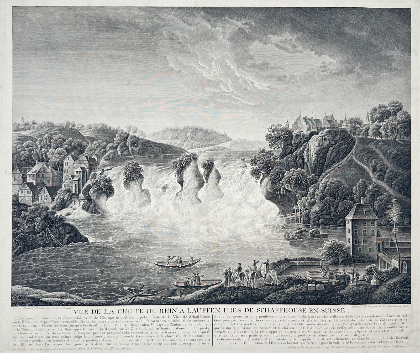 Johann Jakob Schalch (1723-1789) – View of the Rhine Falls at Laufen near Schaffhausen: "Vue de la Chute du Rhin a Laufen pres de Schaffhouse en Suisse" depicts the waterfall on the Rhine river with the Laufen Castle situated on the cliff to the right. This engraving was published in Bas