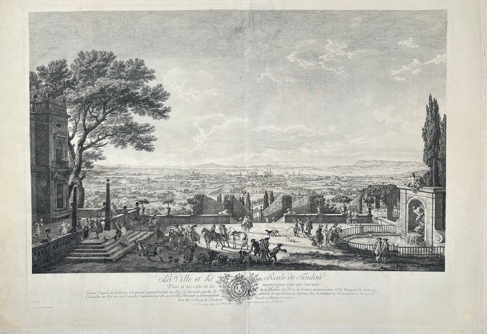 Claude-Joseph Vernet (1714-1789) – View of the City and Roadstead of Toulon from the Mountainside: "La Ville et La Rade de Toulon" provides a sweeping panoramic view of the French port city and its harbor as seen from an elevated mountainside terrace. This etching was published in Paris in 1762 as