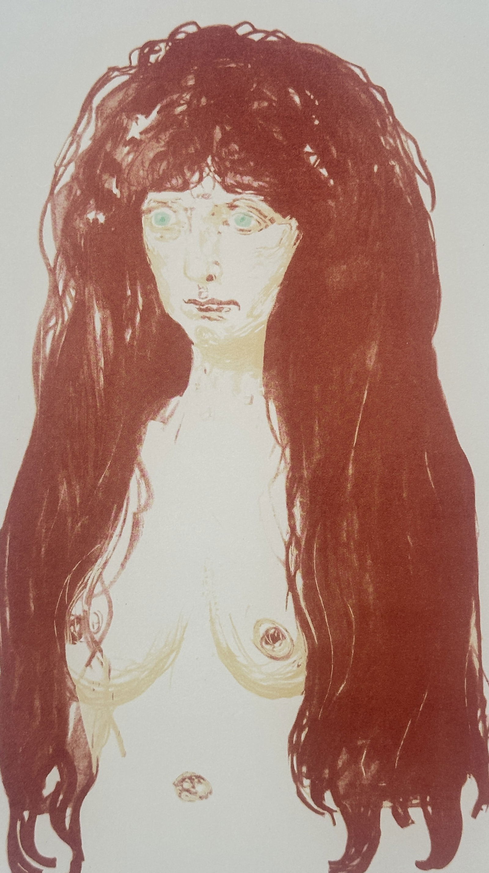 Edvard Munch (1863–1944) – Sin – Offset print (20th Century): "Synden" is a 20th Century offset print depicting a woman with long, flowing red hair and green eyes. This work is based on a lithograph by the artist and was produced for a modern collection to docum