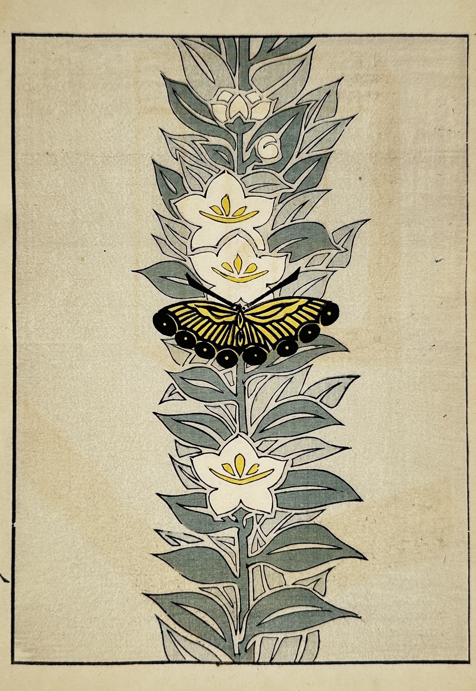 Japanese School – Butterfly and White Flowers – woodblock print (20th Century): "Butterfly and White Flowers" This woodblock print features a stylized yellow and black butterfly positioned centrally on a horizontal floral spray. The composition depicts three white bell-shaped flo
