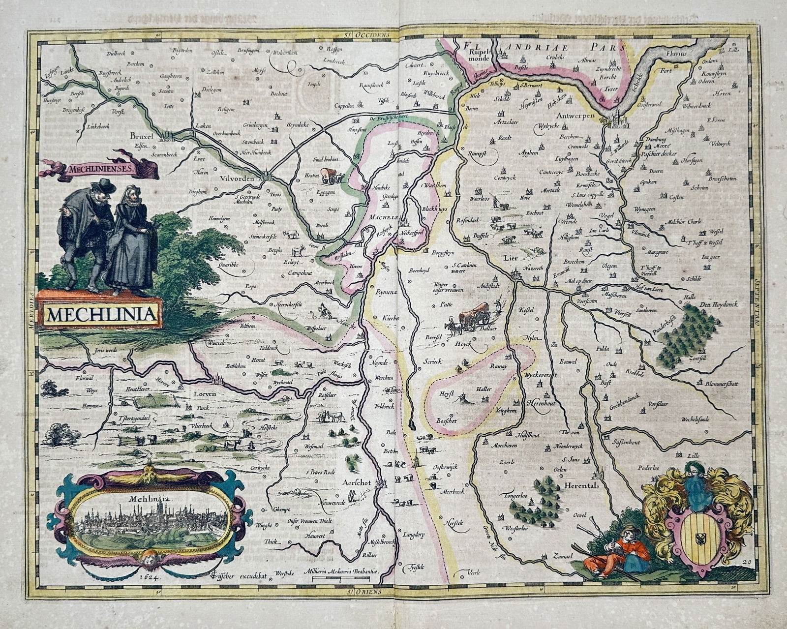 Henricus Hondius II (1597–1651) – Map of the Lordship of Mechelen and the Duchy: This engraving presents a detailed geographical map of the Lordship of Mechelen and the Duchy of Aerschot in the southern Netherlands. The composition is noted for its decorative elements, including a