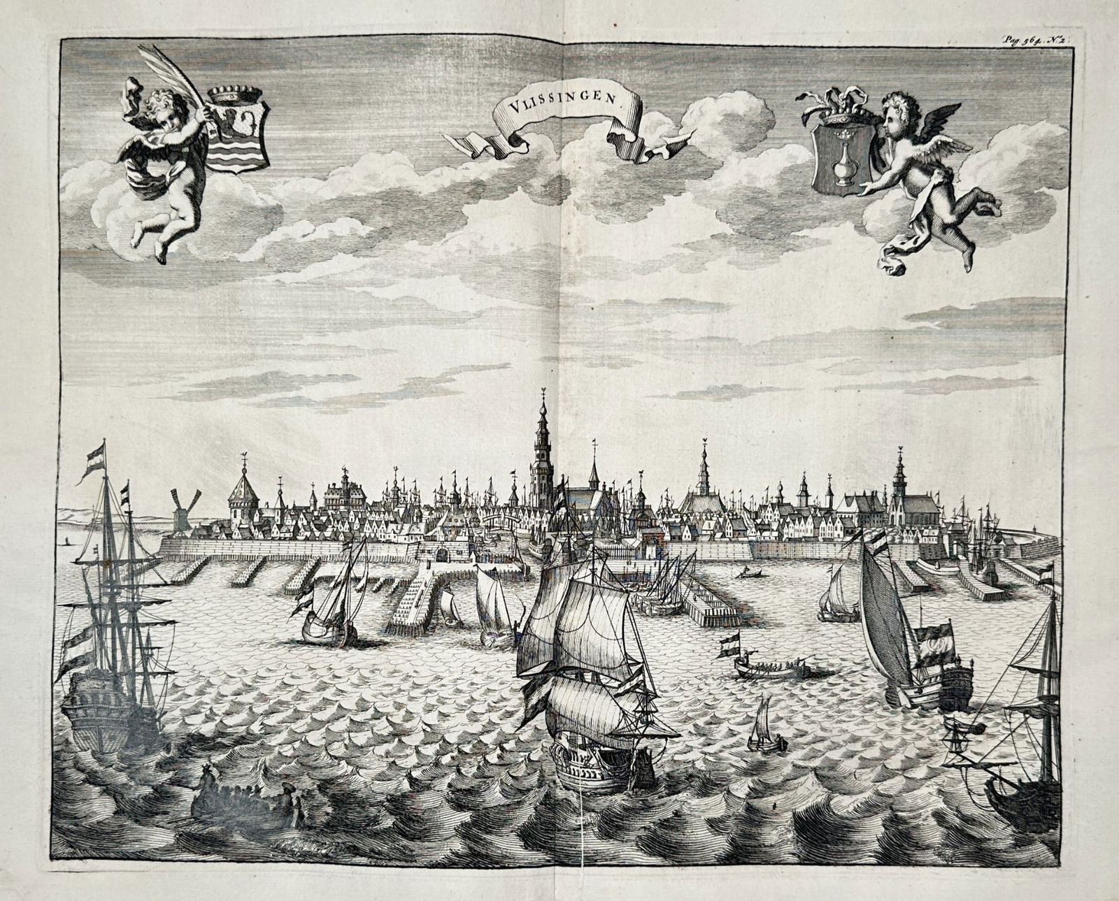 Mattheus Smallegange (1624–1710) – City of Vlissingen – engraving (1696): This engraving presents a panoramic maritime view of the city of Vlissingen, depicted from the sea with numerous sailing vessels of various sizes navigating the choppy waters in the foreground. The de