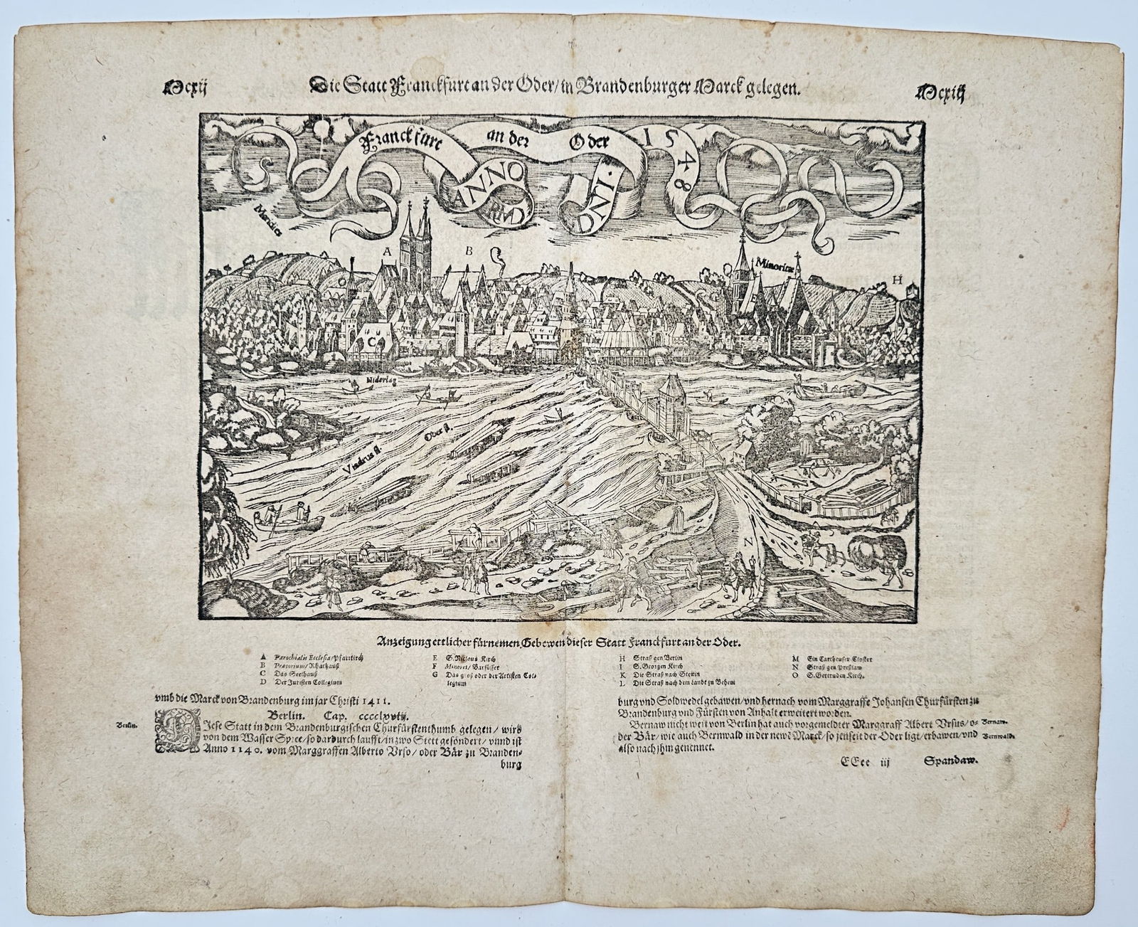 Sebastian Munster (1488–1552) – View of Frankfurt an der Oder – Woodcut (1550) (1 of 2)
