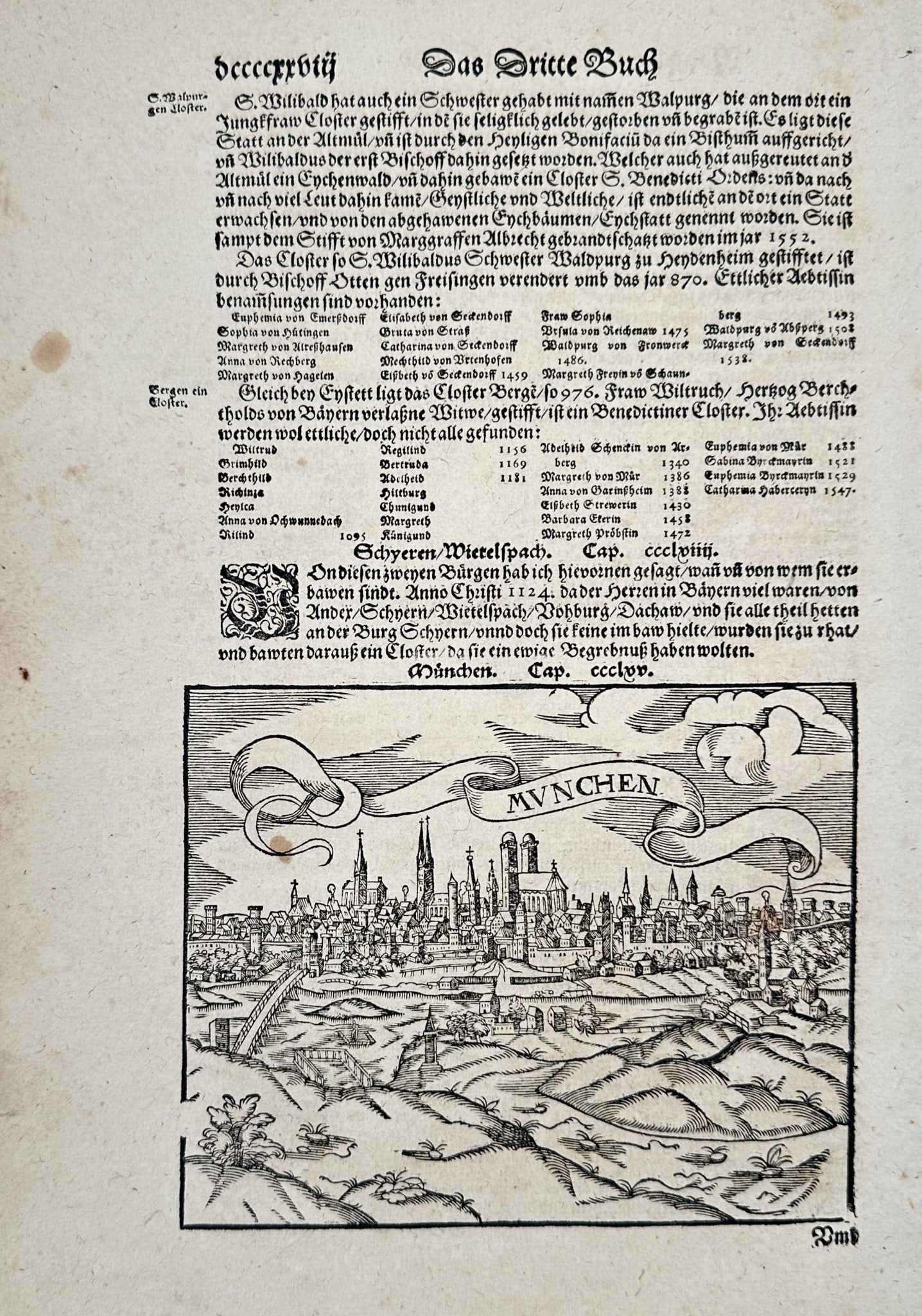 Sebastian Munster (1488–1552) – View of Munich – Woodcut (1550): This print presents a detailed topographical view of the city of Munich, depicted within its historical fortifications and surrounded by rolling hills. The cityscape highlights prominent Gothic spires