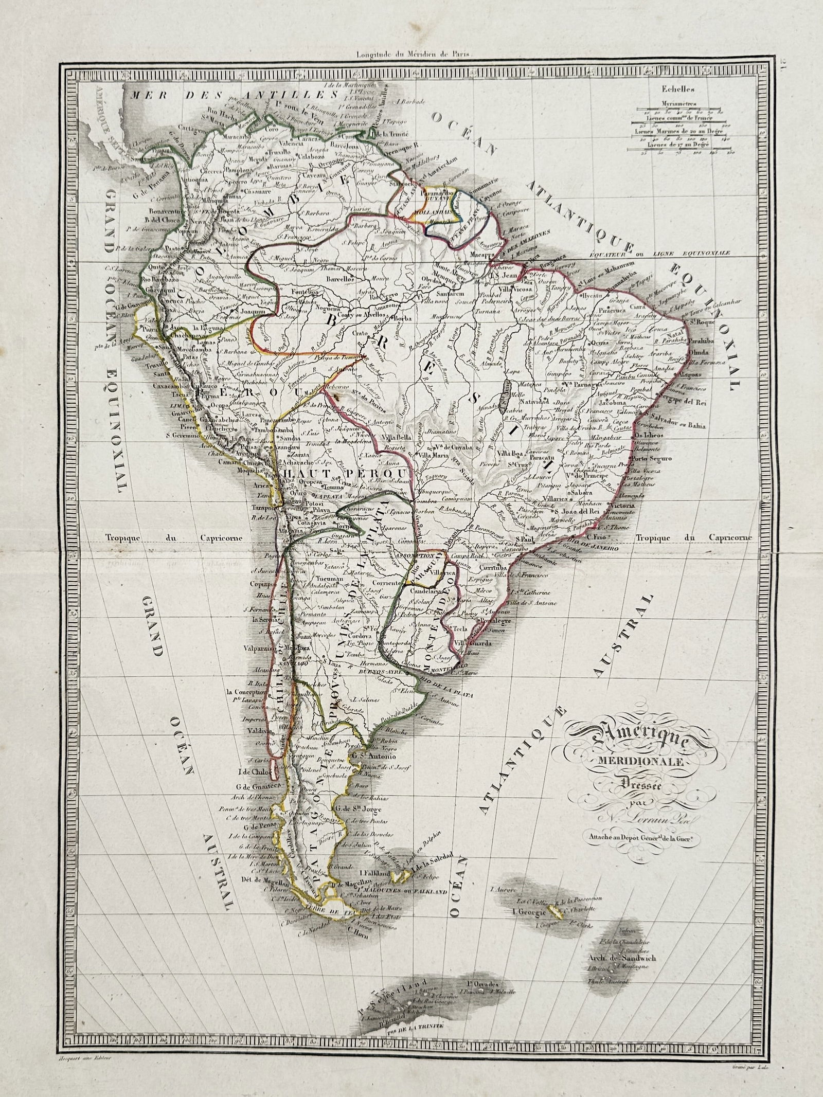 Charles V. Monin (Active 19th Century) – Map of South America – Engraving (1835): "Amerique Meridionale." This engraving presents a detailed cartographic survey of the South American continent during the post-colonial period of the early nineteenth century. The map delineates the b