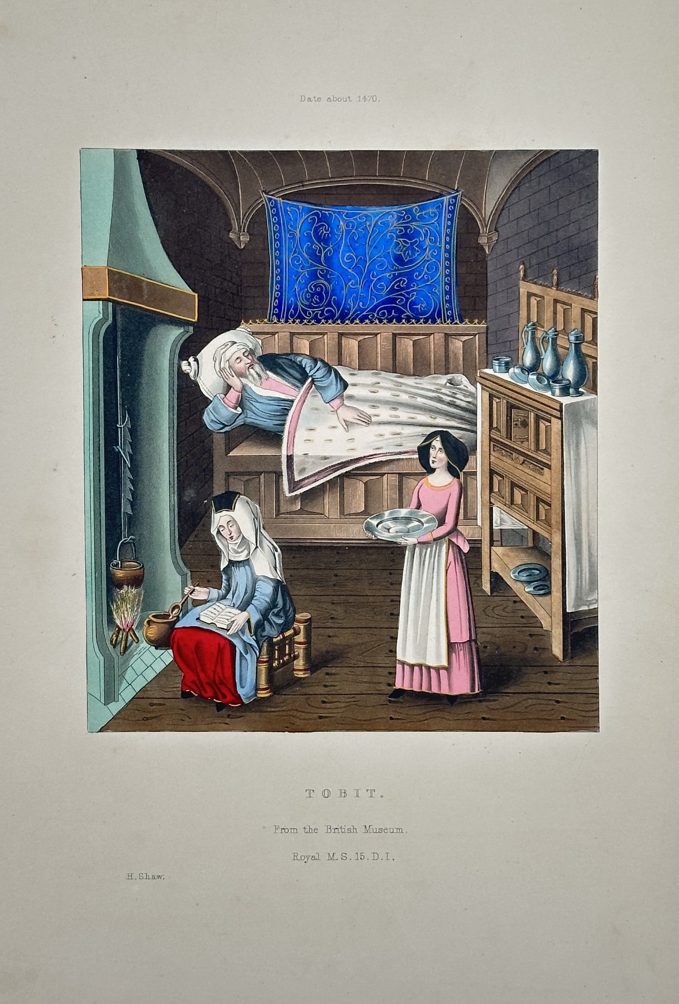 Henry Shaw (1800–1873) – Tobit – Hand-colored illustration (Circa 1840): This print is an illustration titled Tobit, depicting a domestic scene with figures in medieval attire, taken from a historical manuscript. The interior scene shows an elderly, bearded man (Tobit) lyi
