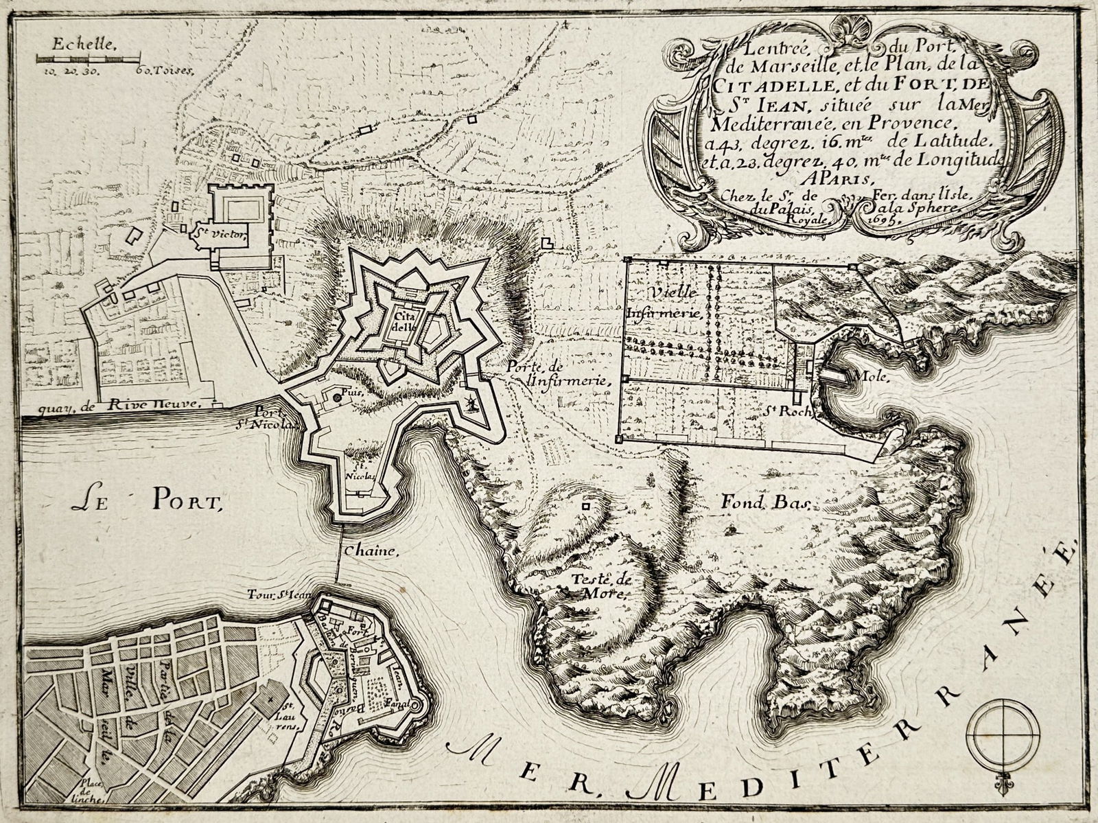 Nicolas de Fer (1646–1720) – Plan of the Port and Citadel of Marseille – France – Engraving (1 of 2)