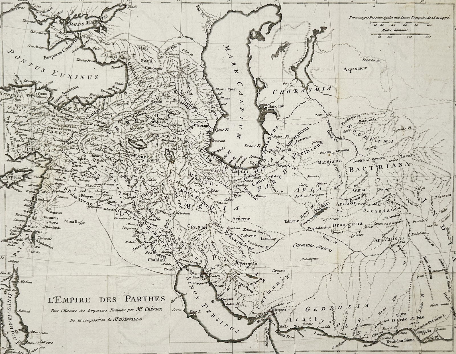 Jean-Baptiste Bourguignon d'Anville – Map of the Parthian Empire – Central Asia – Engraving: "L'Empire des Parthes pour l'Histoire des Empereurs Romains par M. Crevier." This engraving presents a detailed cartographic survey of the Parthian Empire at its greatest extent, covering the vast ter