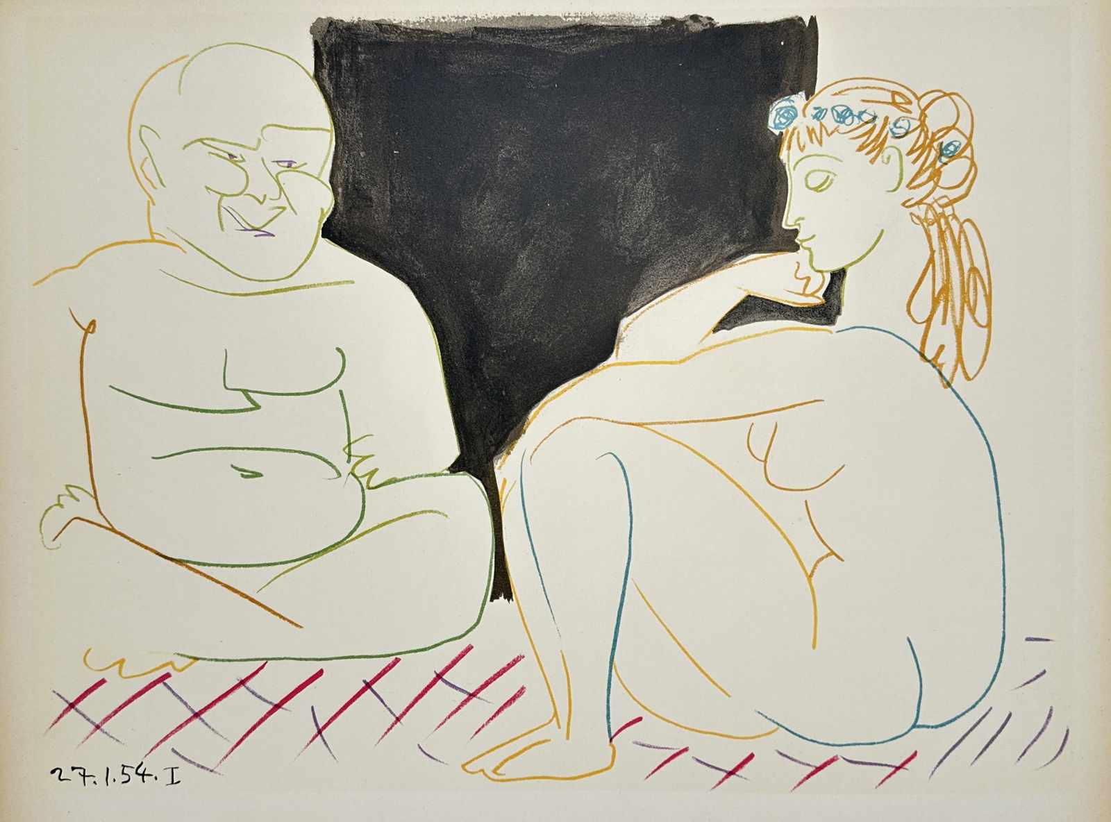 Pablo Picasso (1881–1973), after – Seated Figures in the Studio – Offset print (20th Century): "Verve 29-30." This offset print depicts a seated male figure and a nude female figure facing each other in a studio setting. The composition is executed with fluid, multi-colored line work in shades