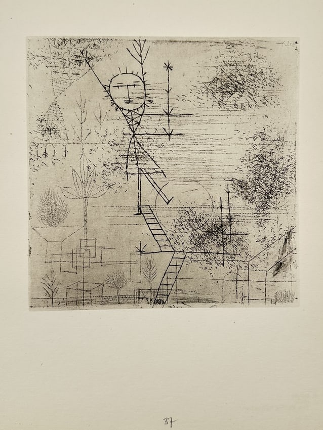 Paul Klee (1879–1940),after – Tightrope Walker – offset print: This offset print features an abstracted, linear composition depicting a stylized figure balancing on a wire. The work utilizes delicate, intersecting lines and geometric forms to create a fragile sen