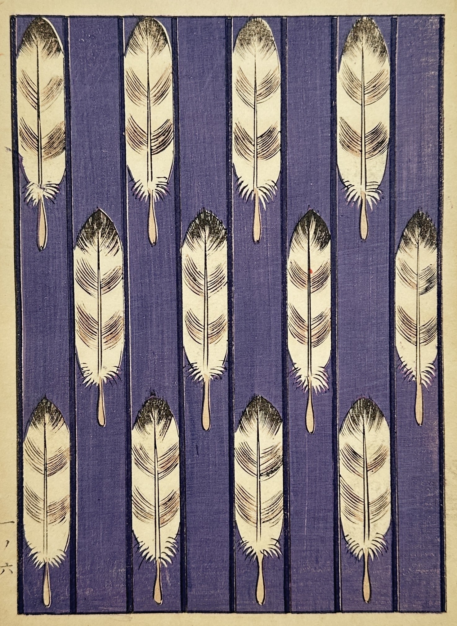 Japanese School – Feather Textile Pattern – Woodcut (20th Century): This woodcut features a rhythmic decorative textile pattern composed of stylized upright feathers arranged in a staggered grid. The feathers are rendered in cream and black with delicate internal line