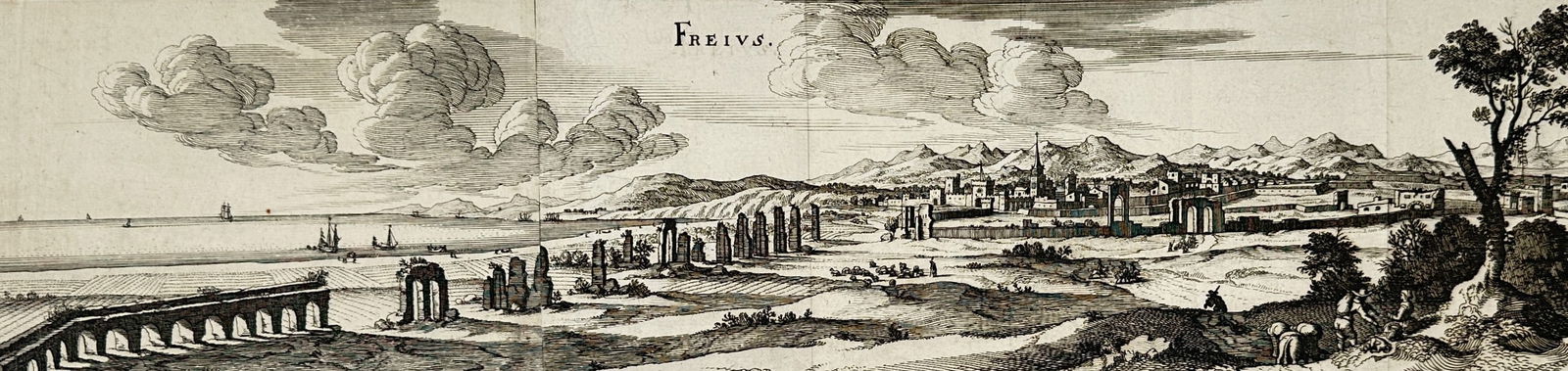 Matthäus Merian the Elder (1593–1650) – Panoramic View of Frejus – Etching (1661): Frejus. This etching presents a wide panoramic view of the coastal city of Frejus in southeastern France, captured from an elevated inland perspective. The composition is anchored on the left by the p