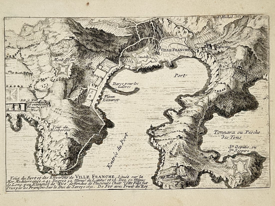 Nicolas de Fer – Map of the Port and Environs of Villefranche – France – Etching (1705): "Veüe du Port et des Environs de Ville Franche." This etching provides a detailed topographical and maritime map of the port of Villefranche-sur-Mer on the French Riviera. The composition captures th