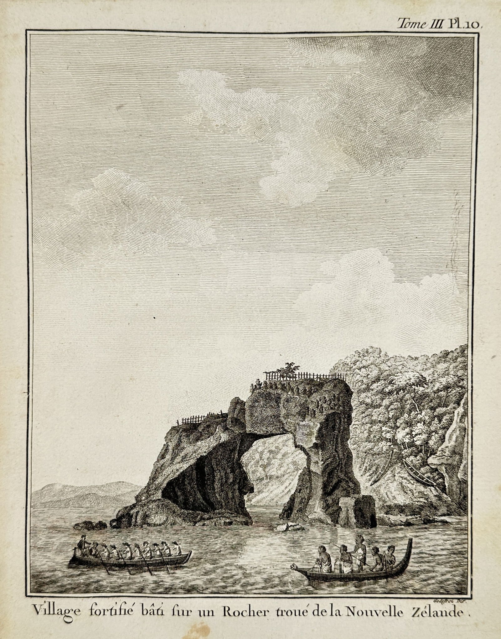 Captain James Cook (1728-1779) – View of a Fortified Village in New Zealand – Engraving: "Village fortifie bati sur un Rocher troue de la Nouvelle Zelande." This engraving depicts a fortified Maori village, or pa, constructed atop a natural arched rock formation along the coast of New Zea