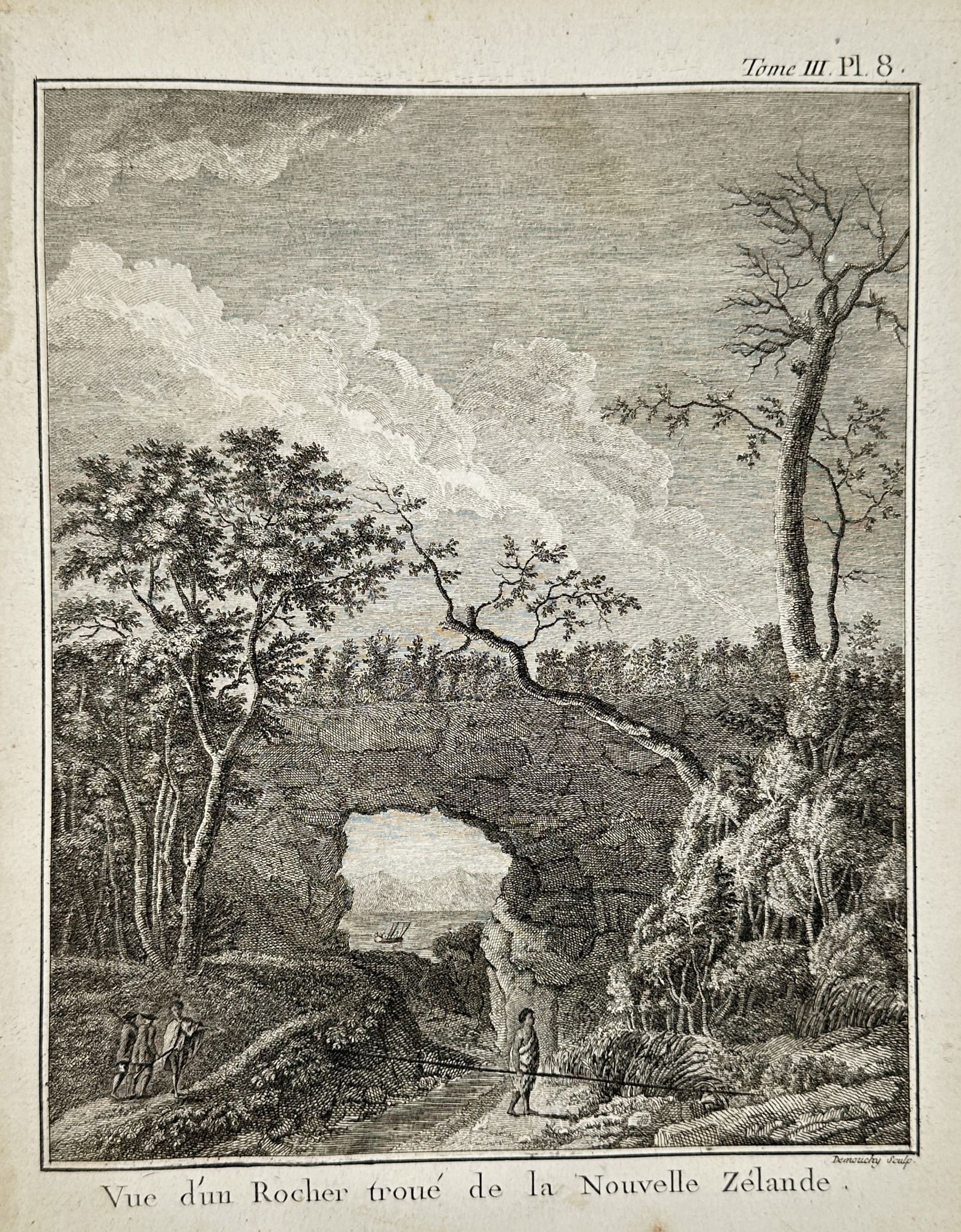 Captain James Cook (1728-1779) – View of a Natural Arch in New Zealand – Engraving: "Vue d'un Rocher troué de la Nouvelle Zélande." This engraving depicts a dramatic coastal landscape in New Zealand featuring a massive natural rock archway. Through the opening of the arch, a distan