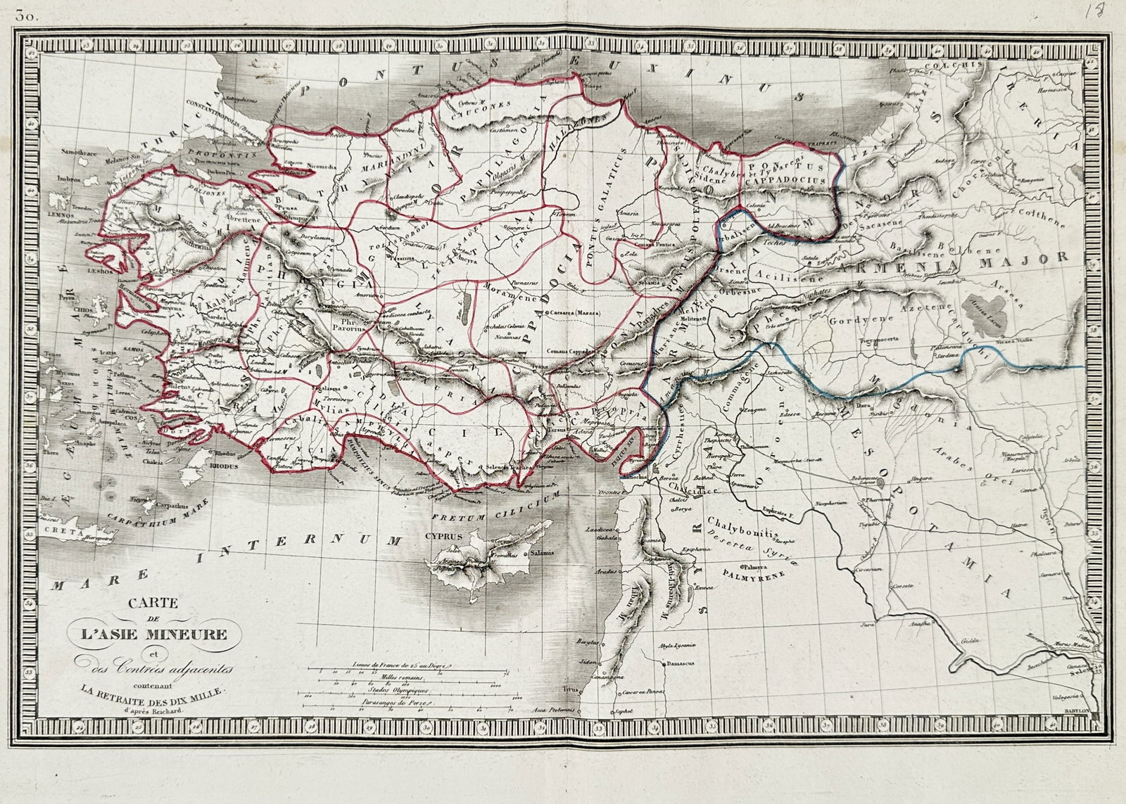 Charles V. Monin (active 1830-1880) – Map of Asia Minor – Hand-coloured engraving: "Carte de l'Asie Mineure et des Contrées adjacentes contenant la Retraite des Dix Mille." This hand-coloured map provides a detailed cartographic representation of Asia Minor and adjacent territories