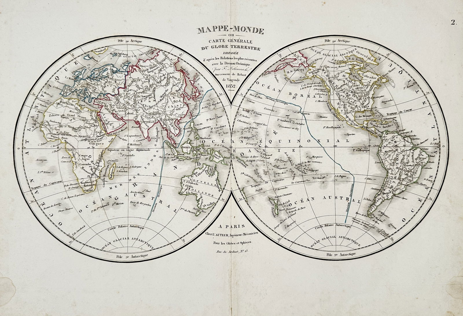 Felix Delamarche (active 1820-1850) – World Map – Hand-coloured engraving (1832) (1 of 2)