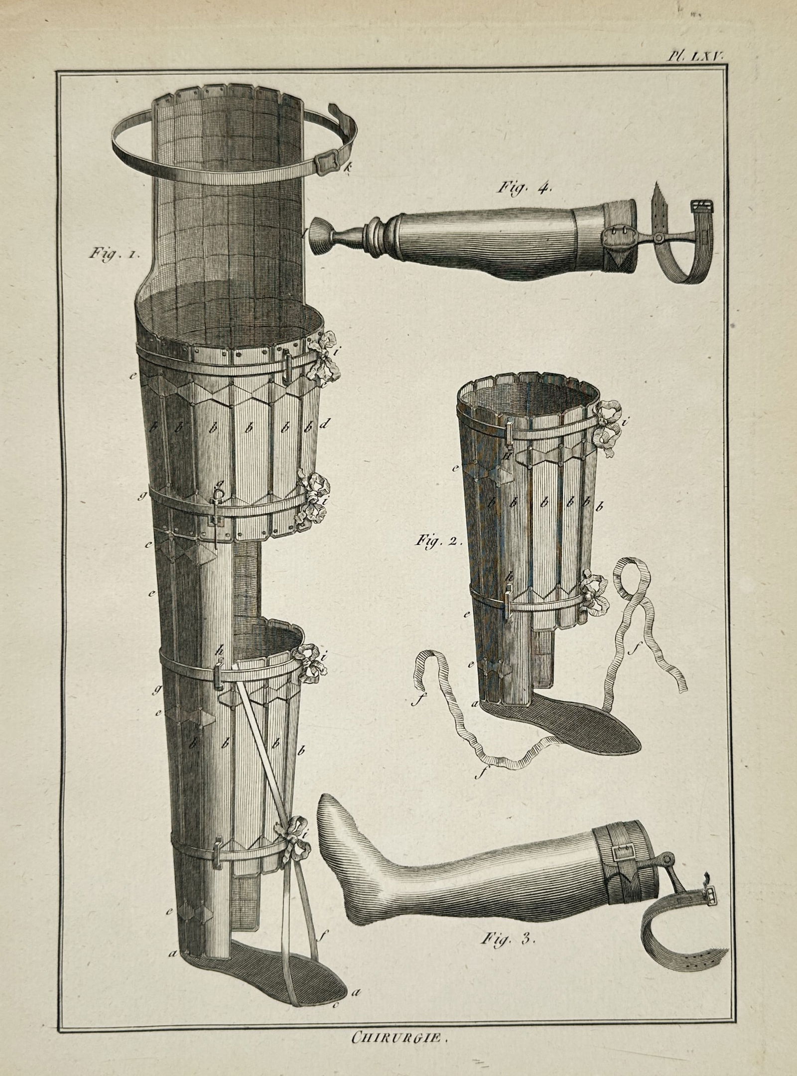 Robert Benard (1734-1785) – Orthopedic Leg Splints and Prosthetics – Engraving (1771): "Chirurgie" This engraving illustrates various eighteenth-century orthopedic devices designed for the support and extension of the lower limbs. The primary figure displays a complex full-leg splint co