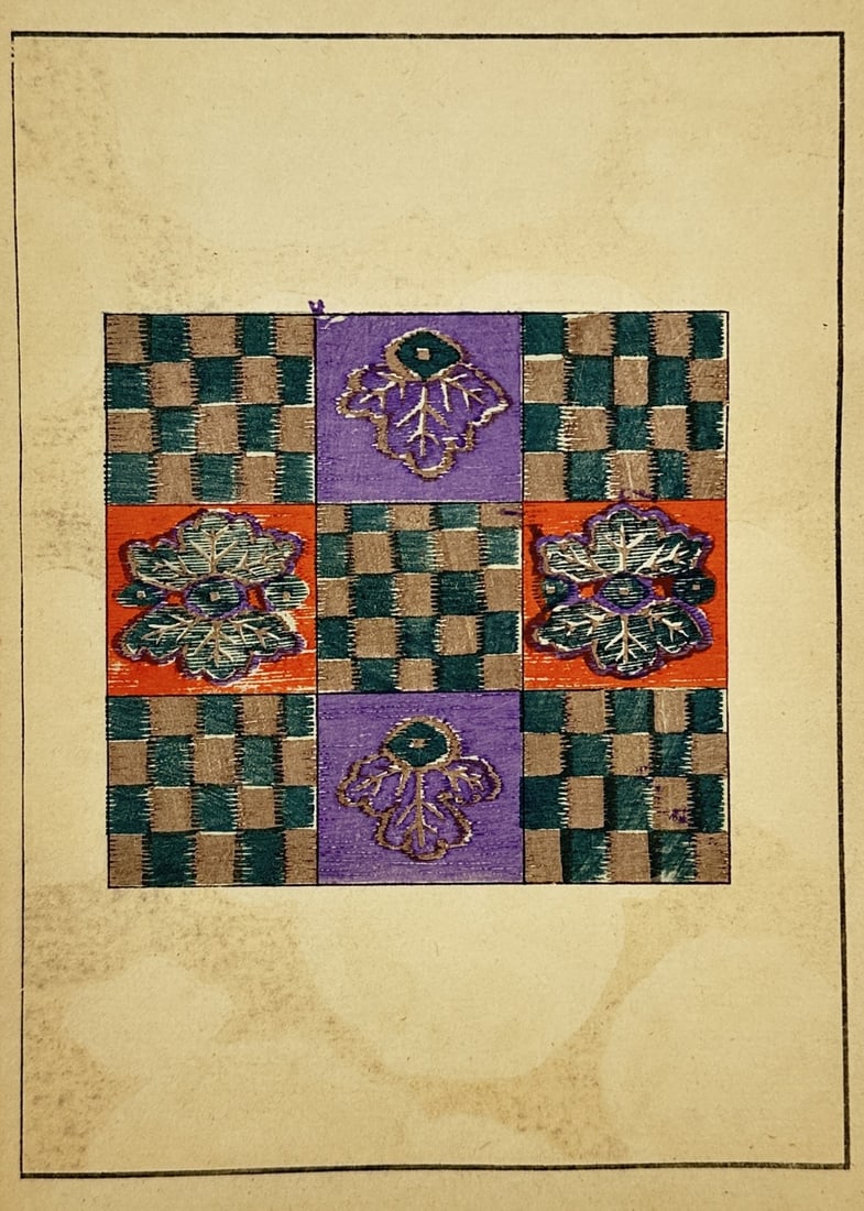 Japanese School (20th Century) – Pattern with Paulownia Crests and Checkered Background –: Pattern with Paulownia Crests and Checkered Background is a decorative design featuring stylized floral motifs within a geometric grid. The work showcases a central checkered square flanked by four pa