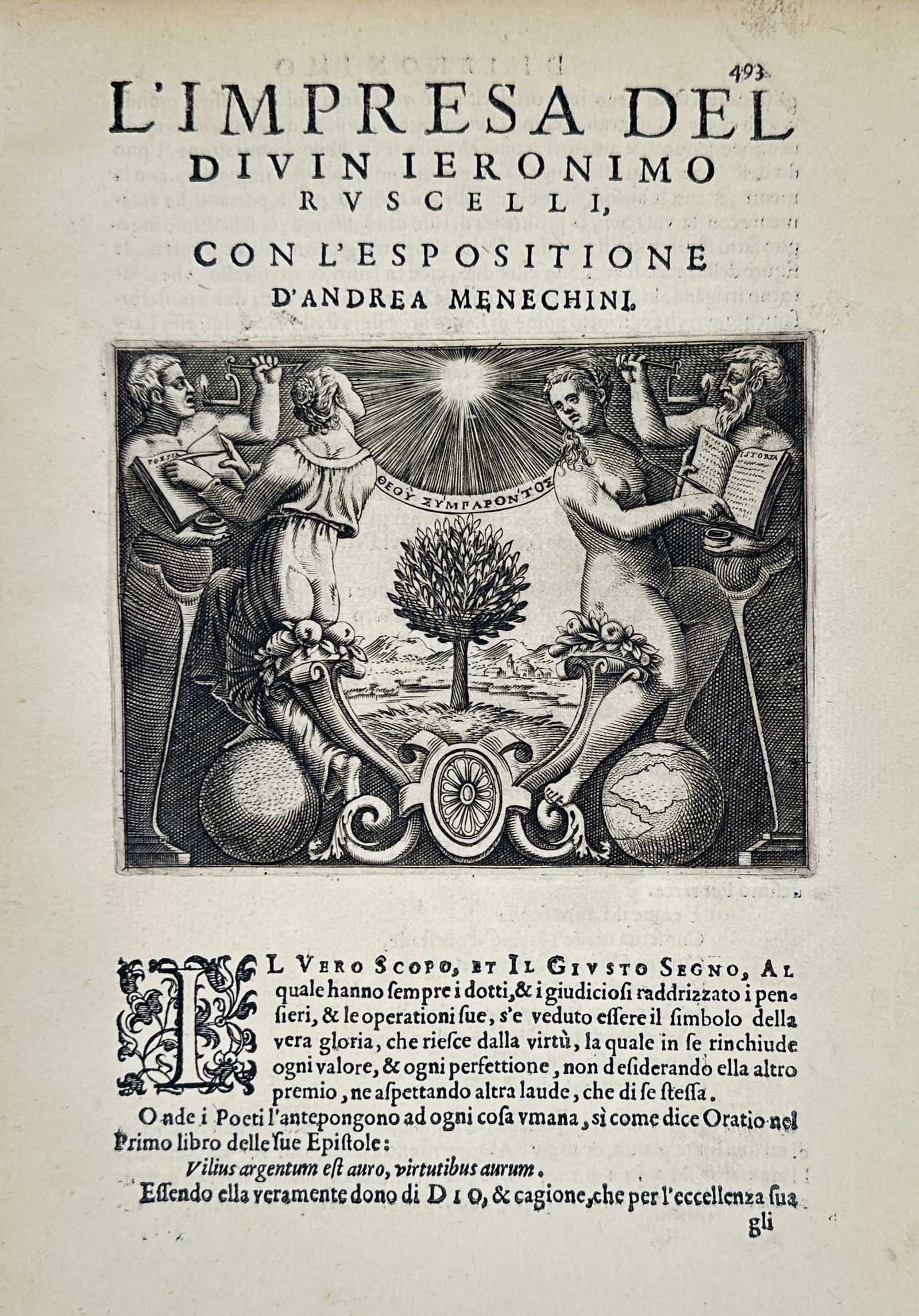 Girolamo Ruscelli (1504-1566) – L Impresa del Divin Ieronimo Ruscelli – Engraving (1566): "L Impresa del Divin Ieronimo Ruscelli" is an allegorical engraving featuring a central tree beneath a radiant sun, flanked by figures holding open books and resting upon globes. This work is an emble