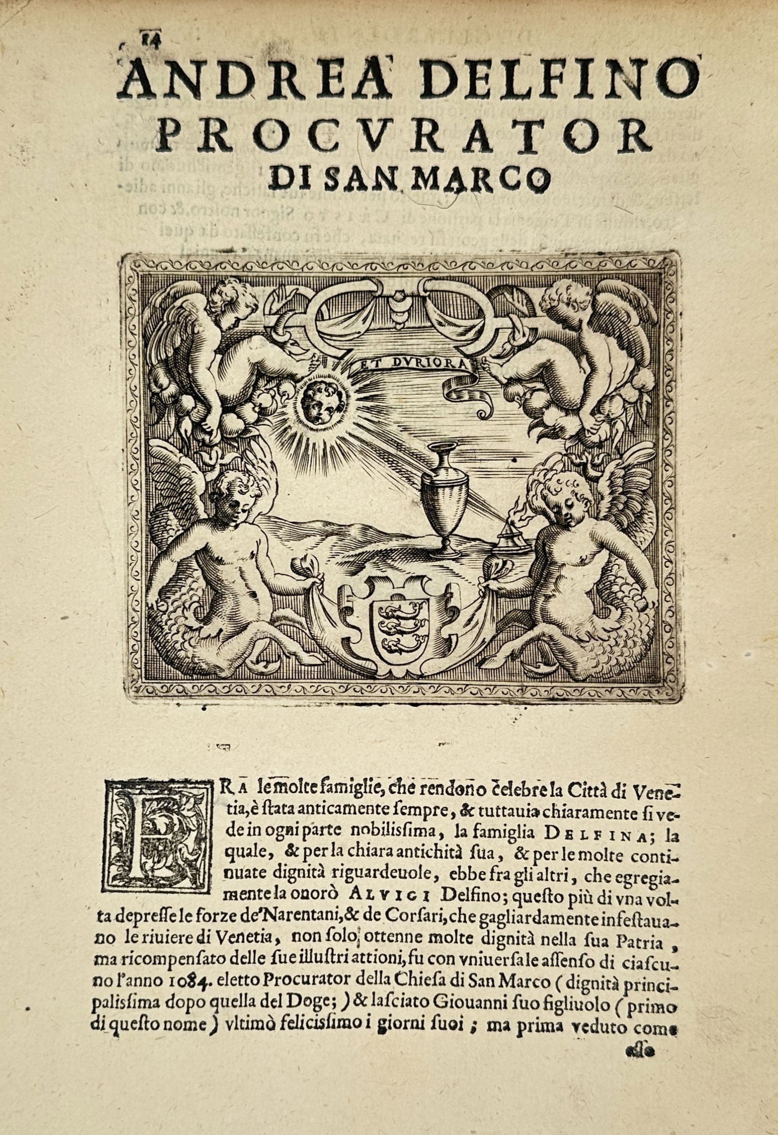Girolamo Ruscelli (1504-1566) – Emblem of Andrea Delfino – Engraving (1566): "Emblem of Andrea Delfino" is an allegorical engraving depicting a central radiant sun and a vase, surrounded by four winged cherubs or putti in a dynamic composition. A heraldic shield featuring thre