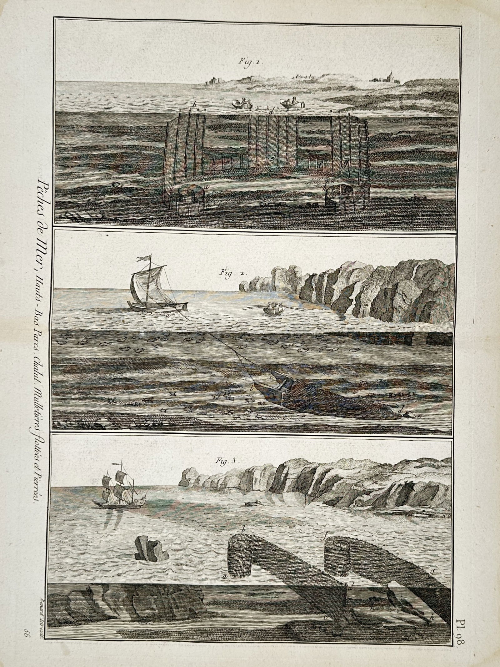 Robert Benard (1734–1777) – Marine Fishing: Coastal Structures and Net Fishing: "Pêches de Mer, Hauts - Bas Parcs Chalut. Molletiéres flotiéres et Pierrées" is a hand-coloured engraving featuring three detailed views of coastal fishing techniques and maritime architecture. Th