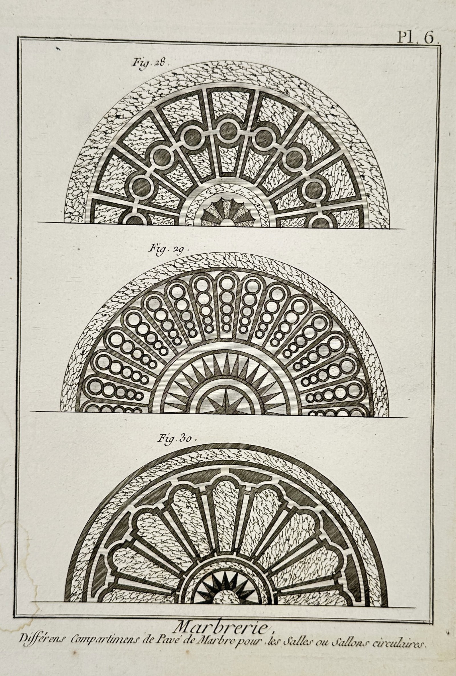 Robert Bénard (1734–1777) – Geometrical Patterns for Circular Marble Flooring – Engraving: "Marbrerie" is an engraving featuring three horizontal panels that illustrate complex radial designs for circular marble pavement. The composition presents intricate semi-circular motifs incorporating