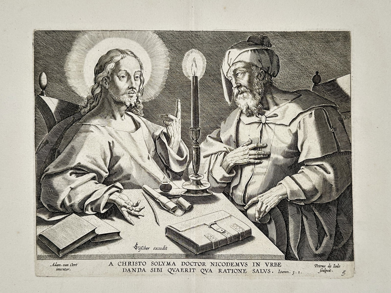 Adam van Noort (1562–1641) – Christ and Nicodemus – Engraving (1580–1641): "A CHRISTO SOLYMA DOCTOR NICODEMVS IN VRBE" is an engraving depicting a nocturnal meeting between two figures seated at a table. The composition features a haloed figure representing Christ on the lef