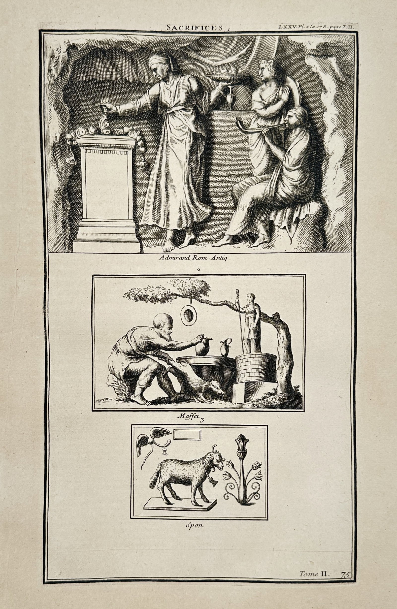 Bernard De Montfaucon (1655-1741) – Scenes of Ancient Sacrifices – Engraving (1719) (1 of 2)