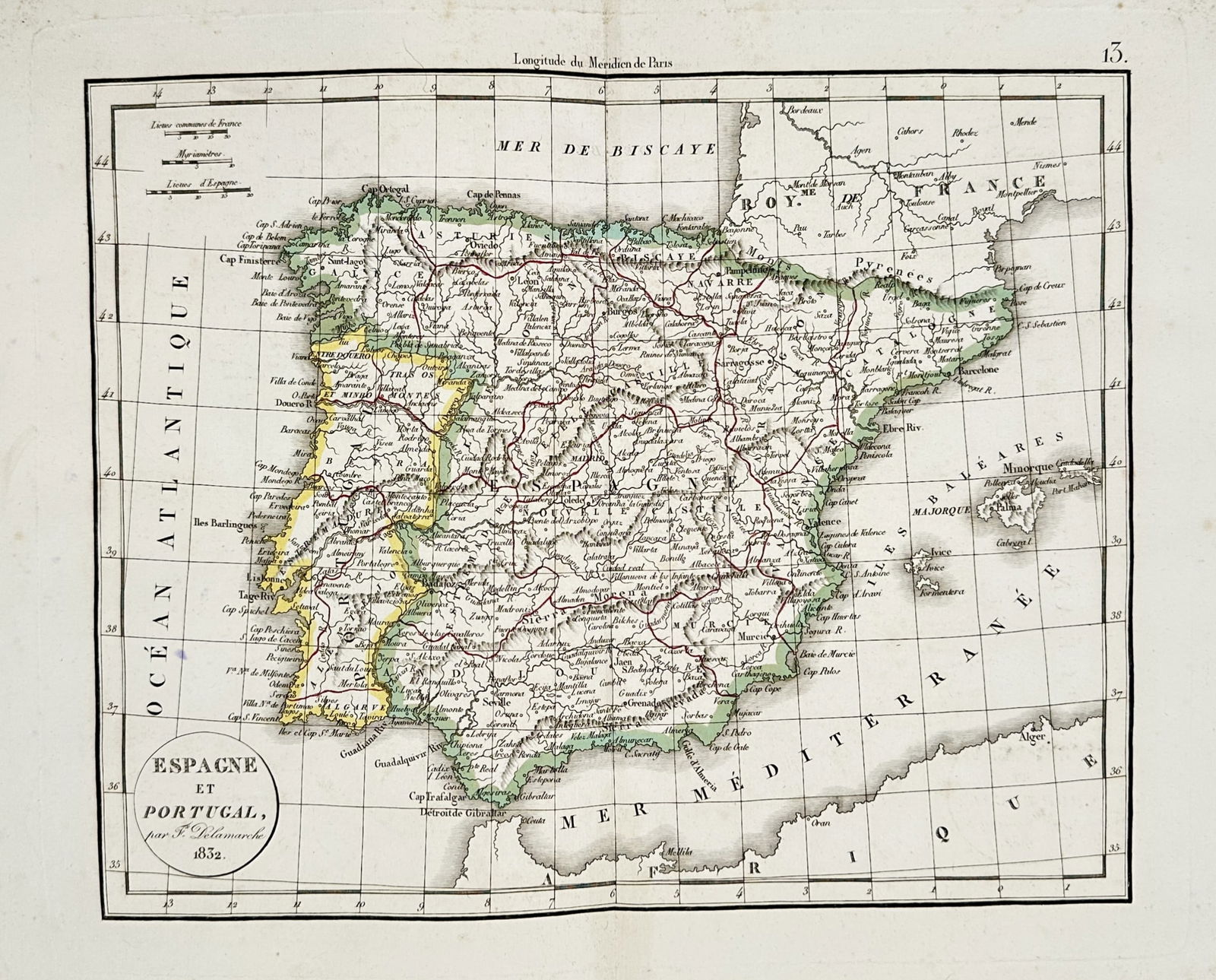 Felix Delamanche (1805–1867) – Map of Spain and Portugal – Europe – Engraving: "Espagne et Portugal" This hand-coloured engraving presents a detailed geographical representation of the Iberian Peninsula during the mid-nineteenth century. The map delineates the national boundarie